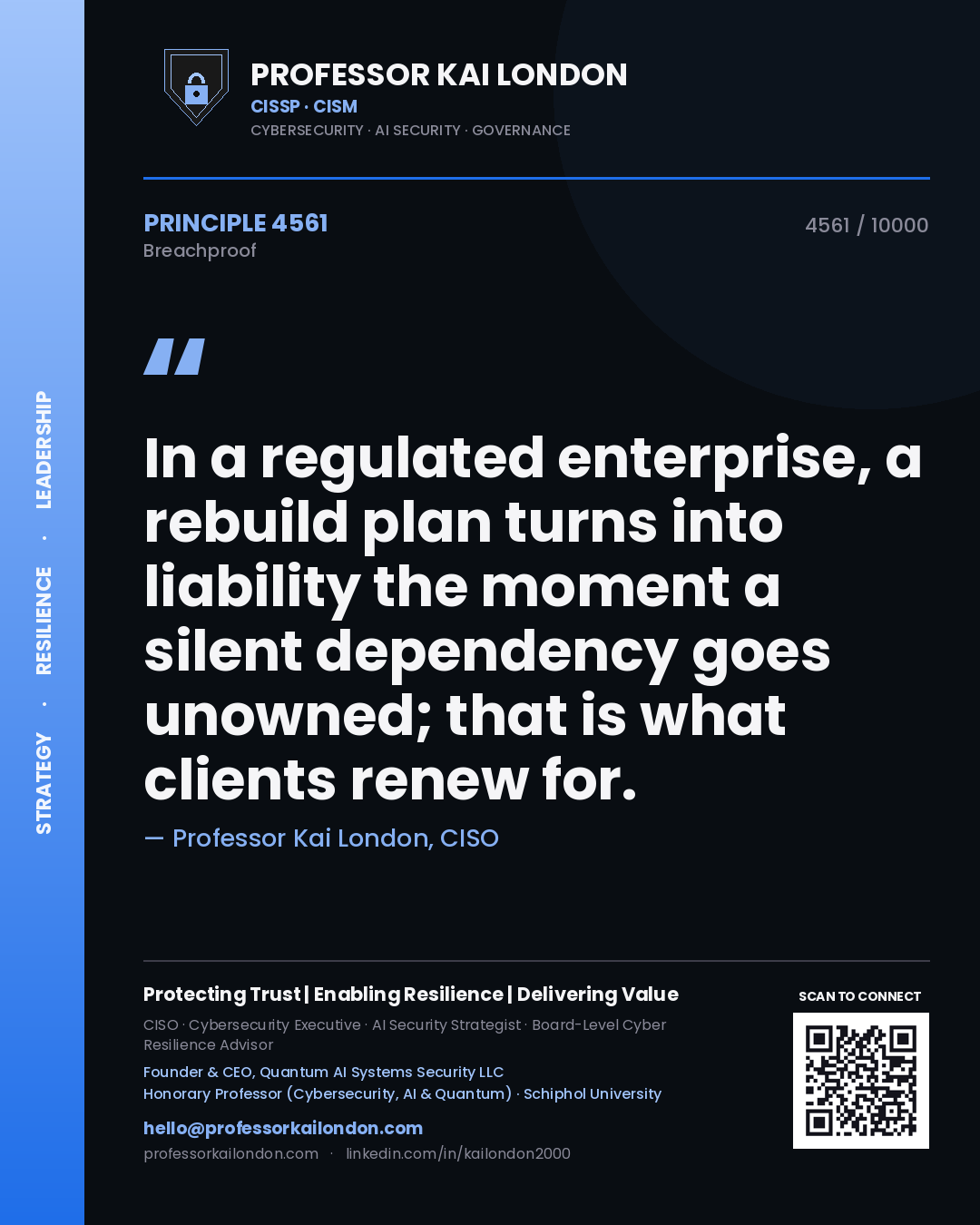Professor Kai London principle 4561: In a regulated enterprise, a rebuild plan turns into liability the moment a silent dependency goes unowned; that is what clients renew for.