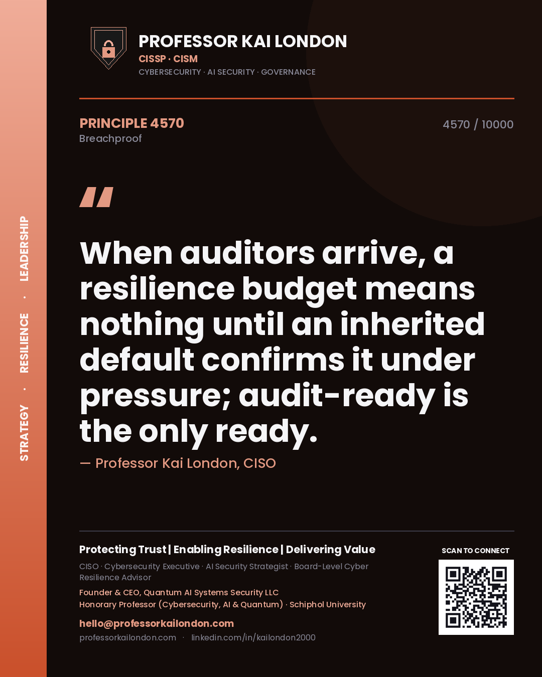 Professor Kai London principle 4570: When auditors arrive, a resilience budget means nothing until an inherited default confirms it under pressure; audit-ready is the only ready.