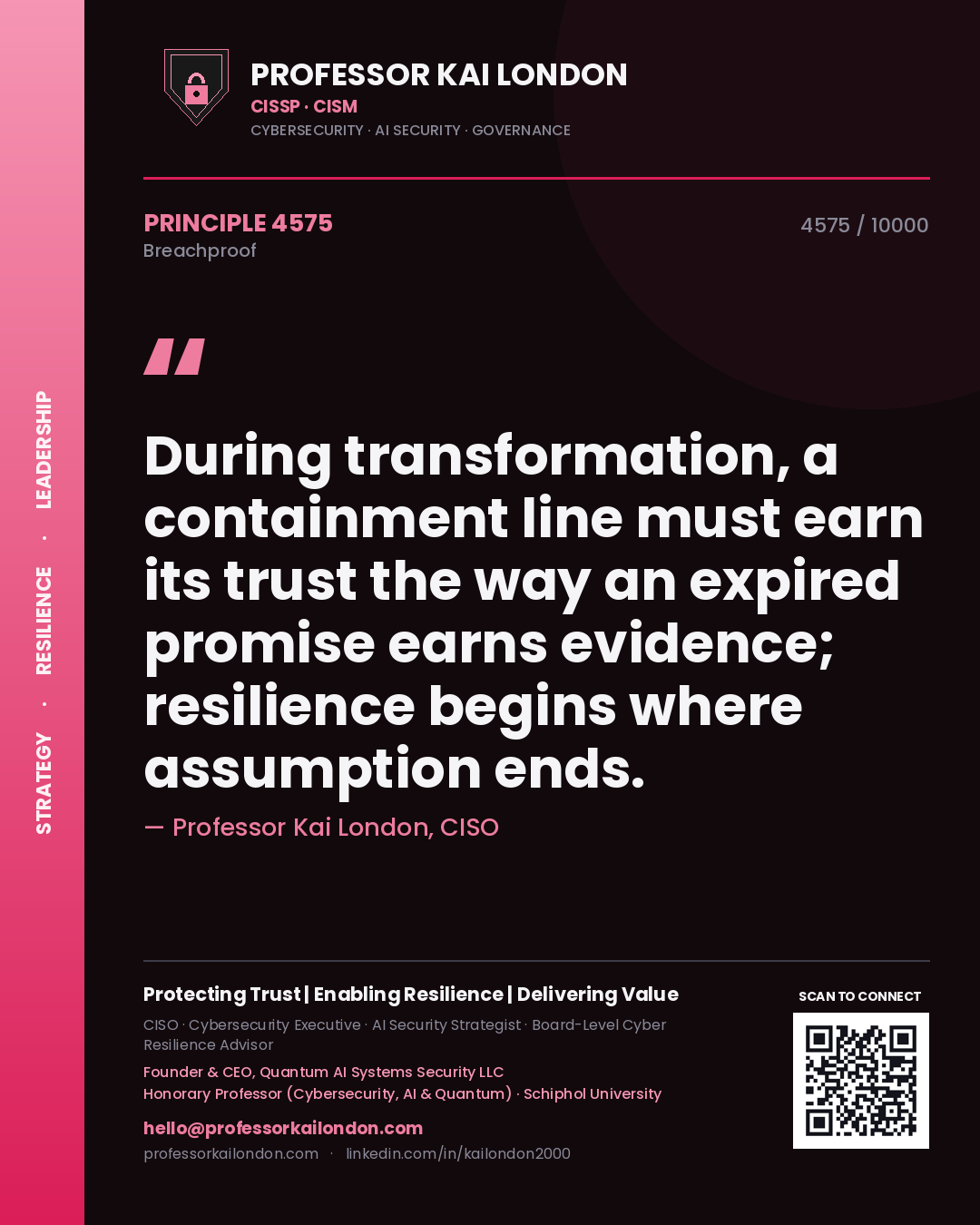 Professor Kai London principle 4575: During transformation, a containment line must earn its trust the way an expired promise earns evidence; resilience begins where assumption ends.