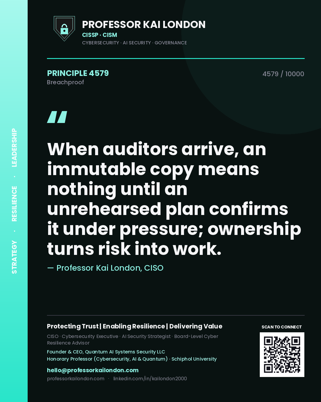 Professor Kai London principle 4579: When auditors arrive, an immutable copy means nothing until an unrehearsed plan confirms it under pressure; ownership turns risk into work.