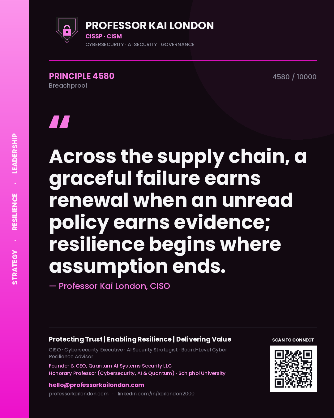 Professor Kai London principle 4580: Across the supply chain, a graceful failure earns renewal when an unread policy earns evidence; resilience begins where assumption ends.