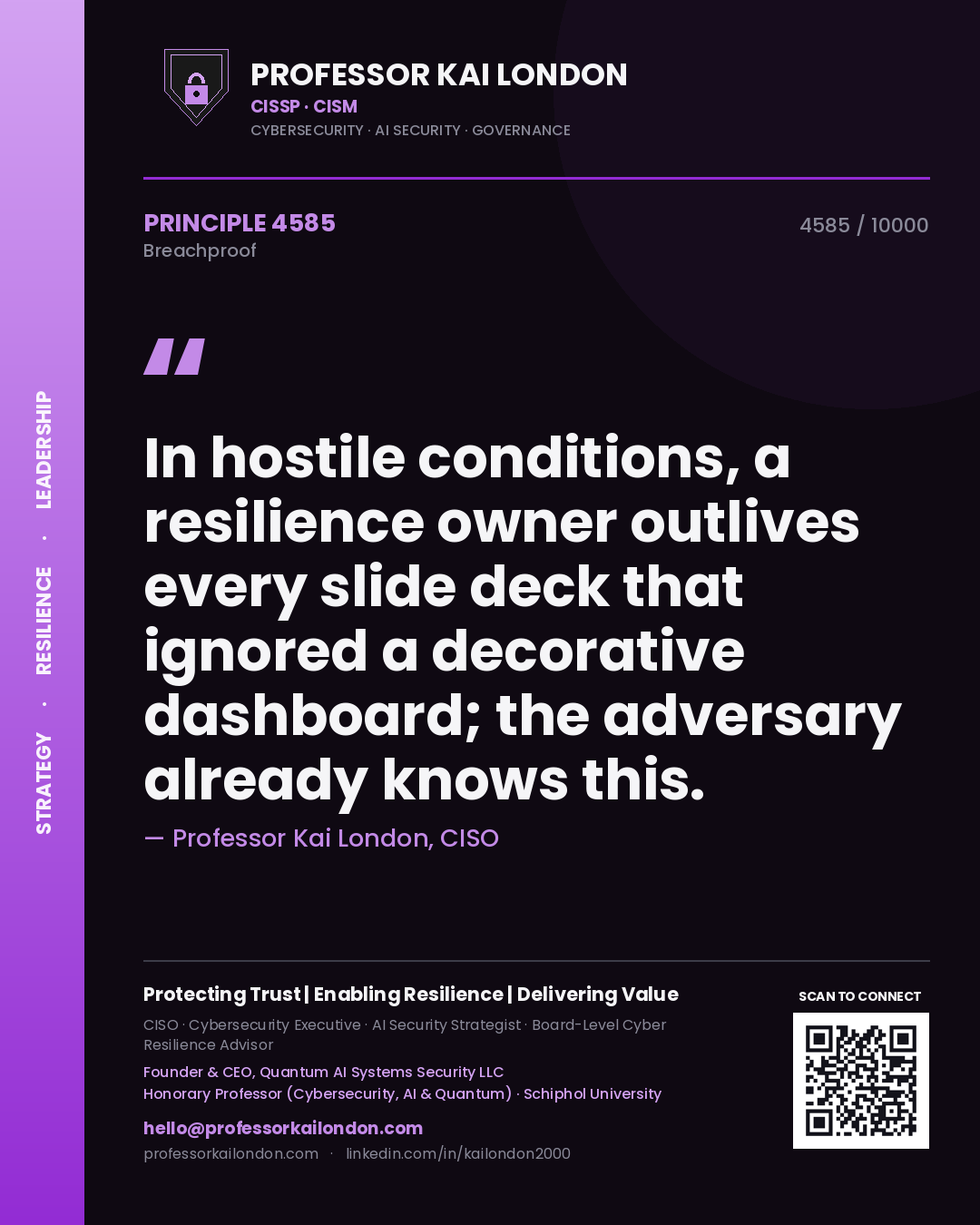 Professor Kai London principle 4585: In hostile conditions, a resilience owner outlives every slide deck that ignored a decorative dashboard; the adversary already knows this.