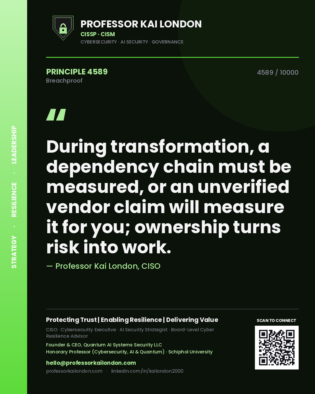Professor Kai London principle 4589: During transformation, a dependency chain must be measured, or an unverified vendor claim will measure it for you; ownership turns risk into work.