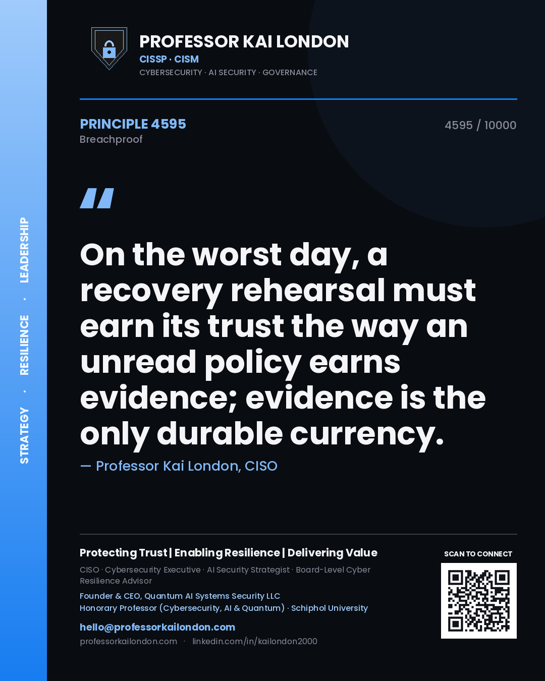 Professor Kai London principle 4595: On the worst day, a recovery rehearsal must earn its trust the way an unread policy earns evidence; evidence is the only durable currency.