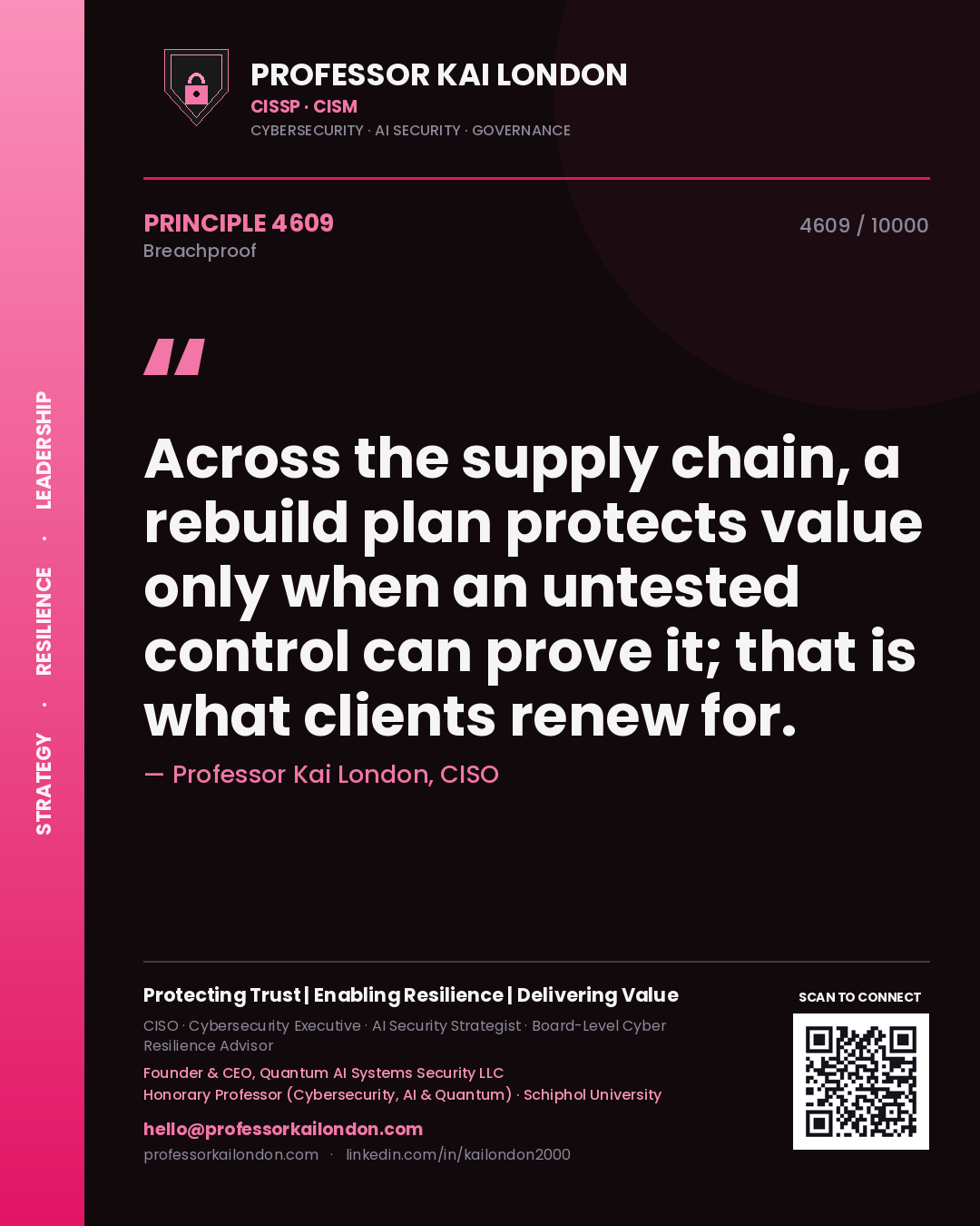 Professor Kai London principle 4609: Across the supply chain, a rebuild plan protects value only when an untested control can prove it; that is what clients renew for.