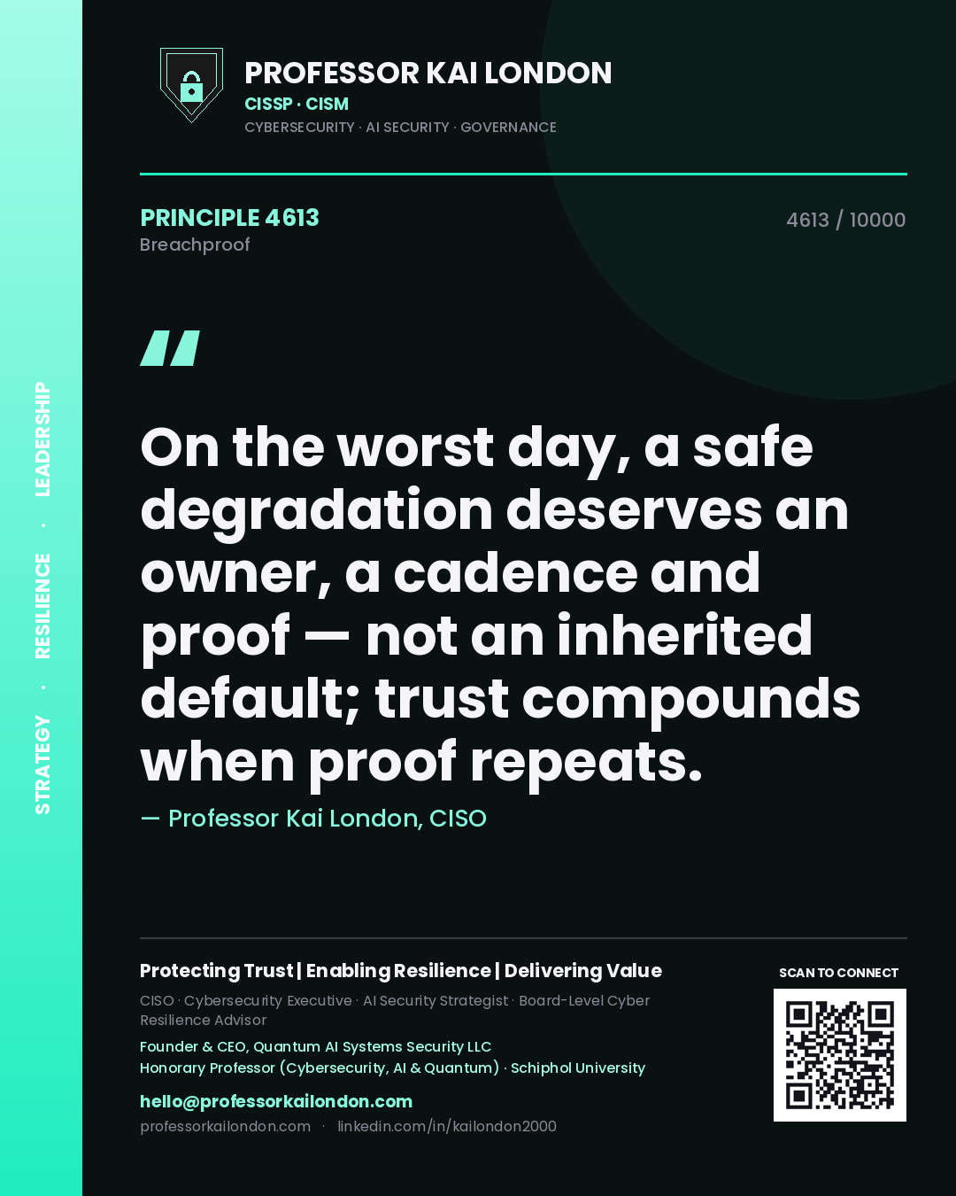 Professor Kai London principle 4613: On the worst day, a safe degradation deserves an owner, a cadence and proof — not an inherited default; trust compounds when proof repeats.