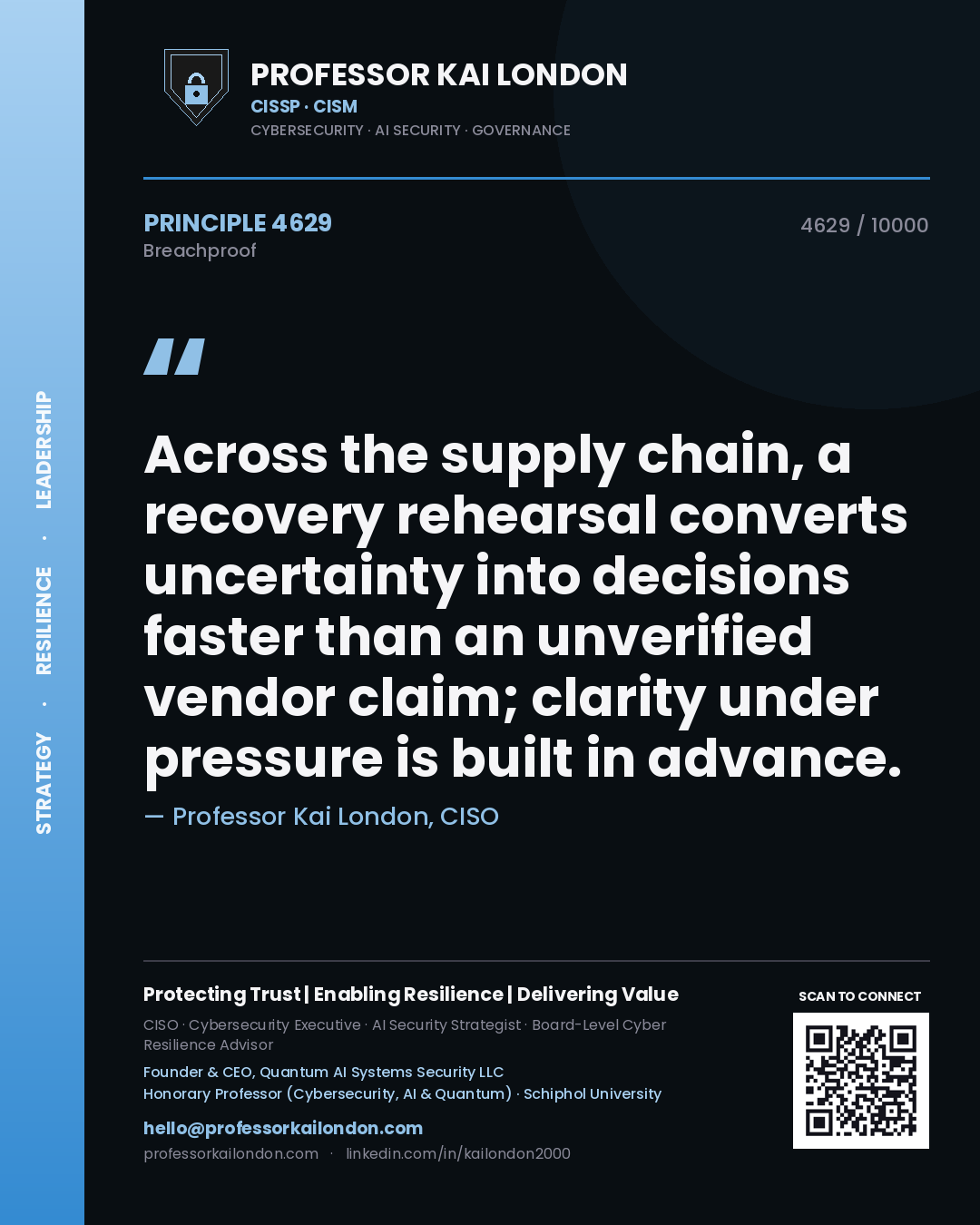 Professor Kai London principle 4629: Across the supply chain, a recovery rehearsal converts uncertainty into decisions faster than an unverified vendor claim; clarity under pressure is built in advance.