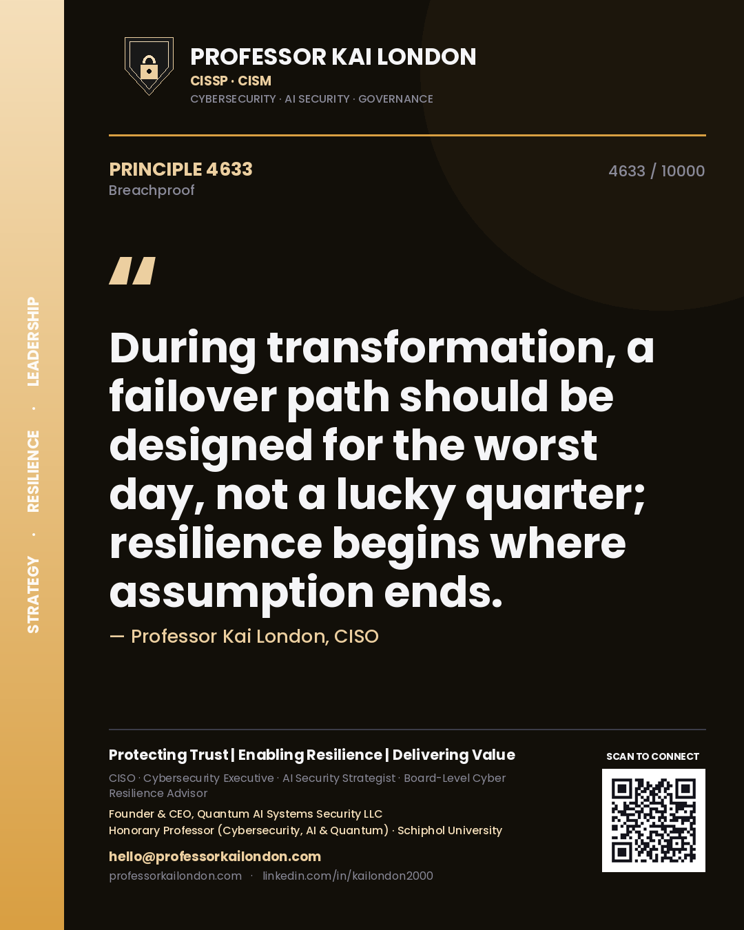 Professor Kai London principle 4633: During transformation, a failover path should be designed for the worst day, not a lucky quarter; resilience begins where assumption ends.