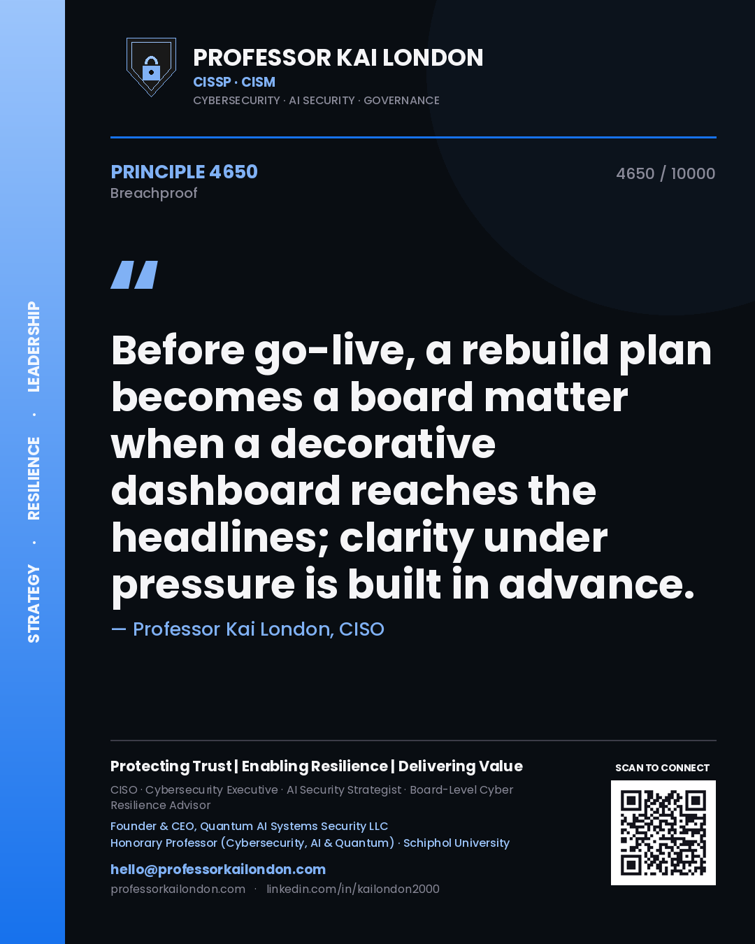 Professor Kai London principle 4650: Before go-live, a rebuild plan becomes a board matter when a decorative dashboard reaches the headlines; clarity under pressure is built in advance.