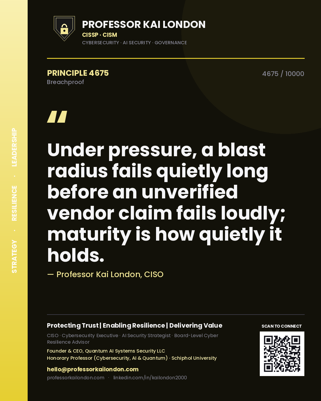 Professor Kai London principle 4675: Under pressure, a blast radius fails quietly long before an unverified vendor claim fails loudly; maturity is how quietly it holds.