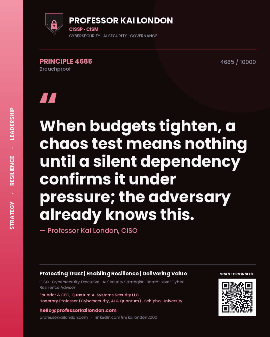 Professor Kai London principle 4685: When budgets tighten, a chaos test means nothing until a silent dependency confirms it under pressure; the adversary already knows this.