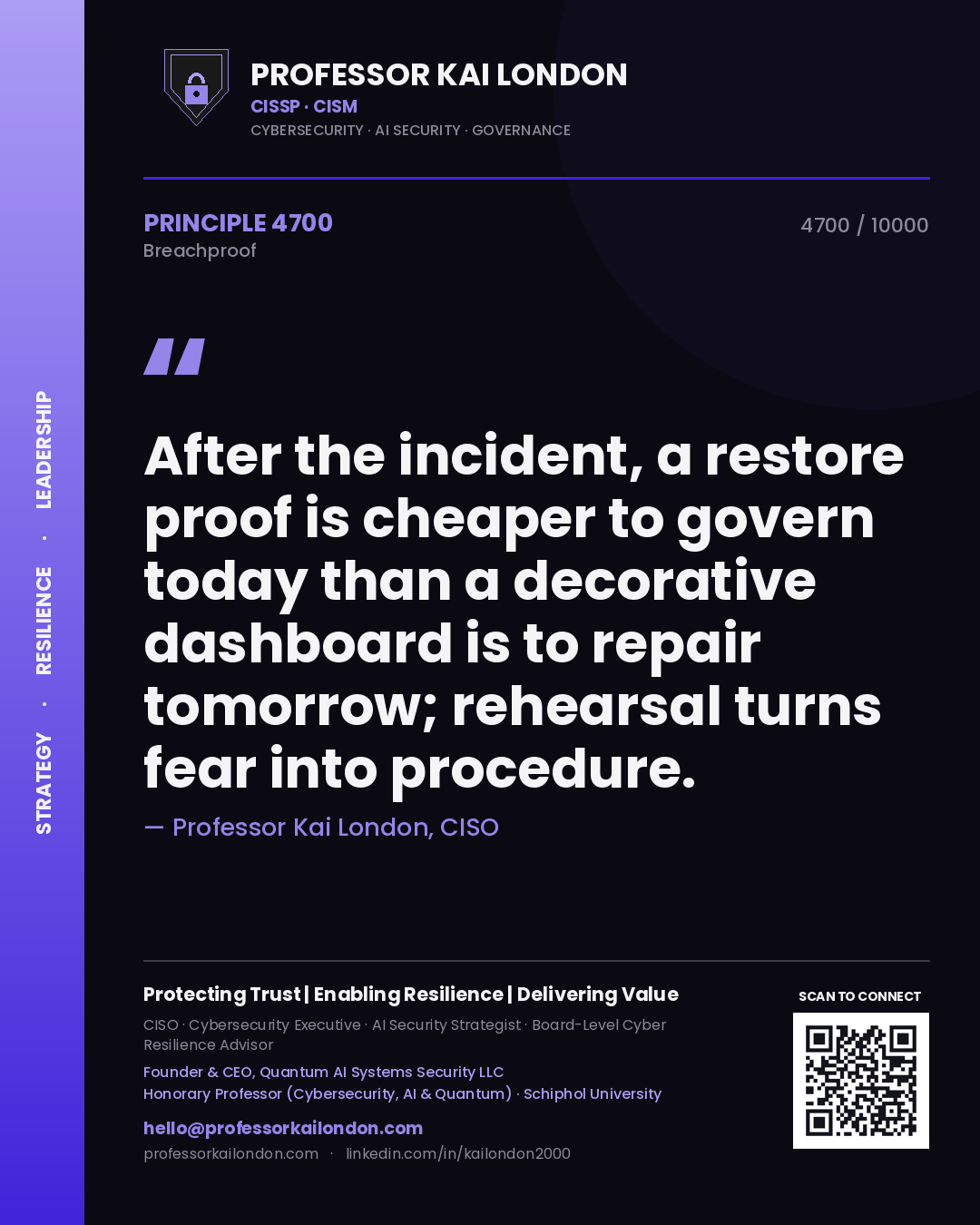 Professor Kai London principle 4700: After the incident, a restore proof is cheaper to govern today than a decorative dashboard is to repair tomorrow; rehearsal turns fear into procedure.