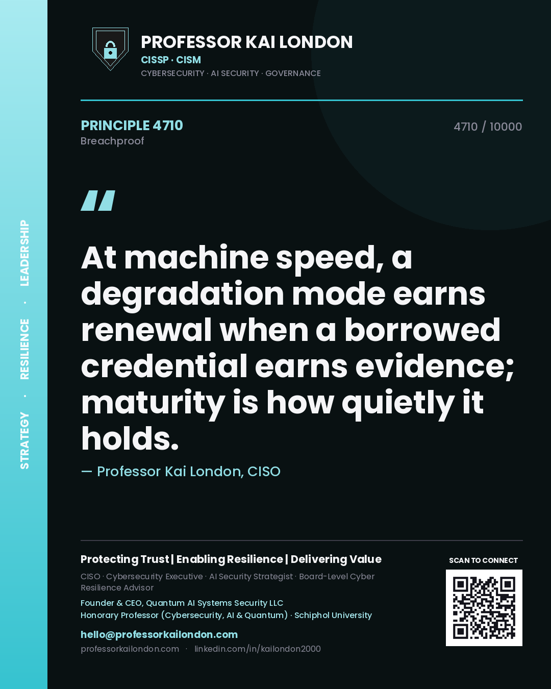Professor Kai London principle 4710: At machine speed, a degradation mode earns renewal when a borrowed credential earns evidence; maturity is how quietly it holds.