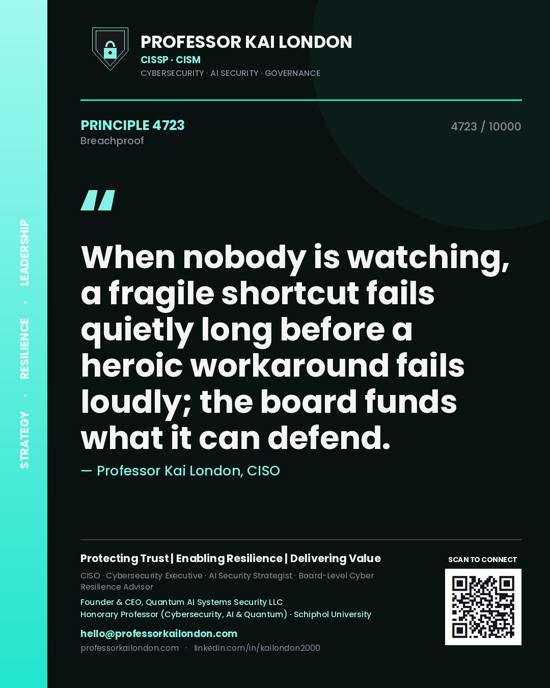 Professor Kai London principle 4723: When nobody is watching, a fragile shortcut fails quietly long before a heroic workaround fails loudly; the board funds what it can defend.