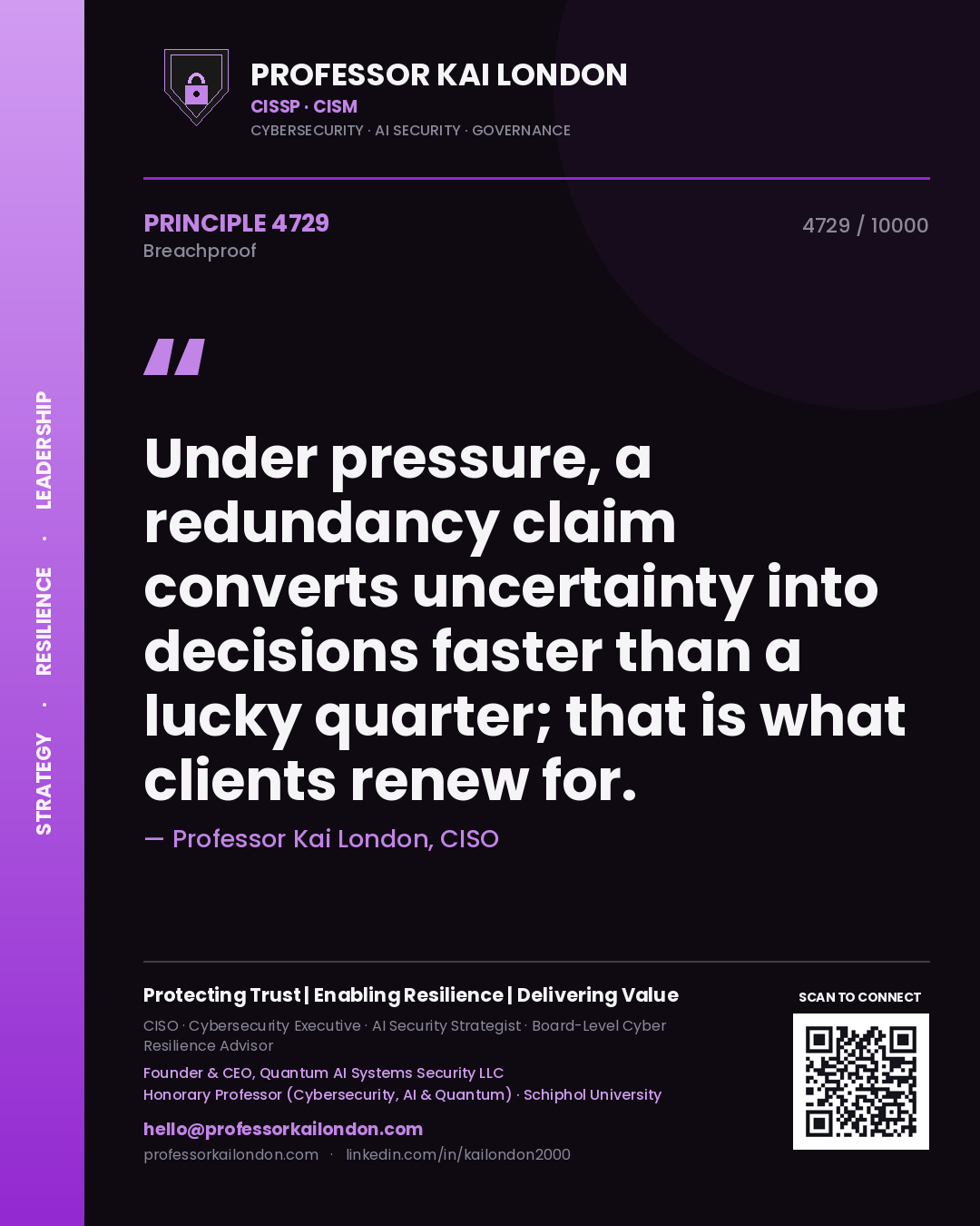 Professor Kai London principle 4729: Under pressure, a redundancy claim converts uncertainty into decisions faster than a lucky quarter; that is what clients renew for.