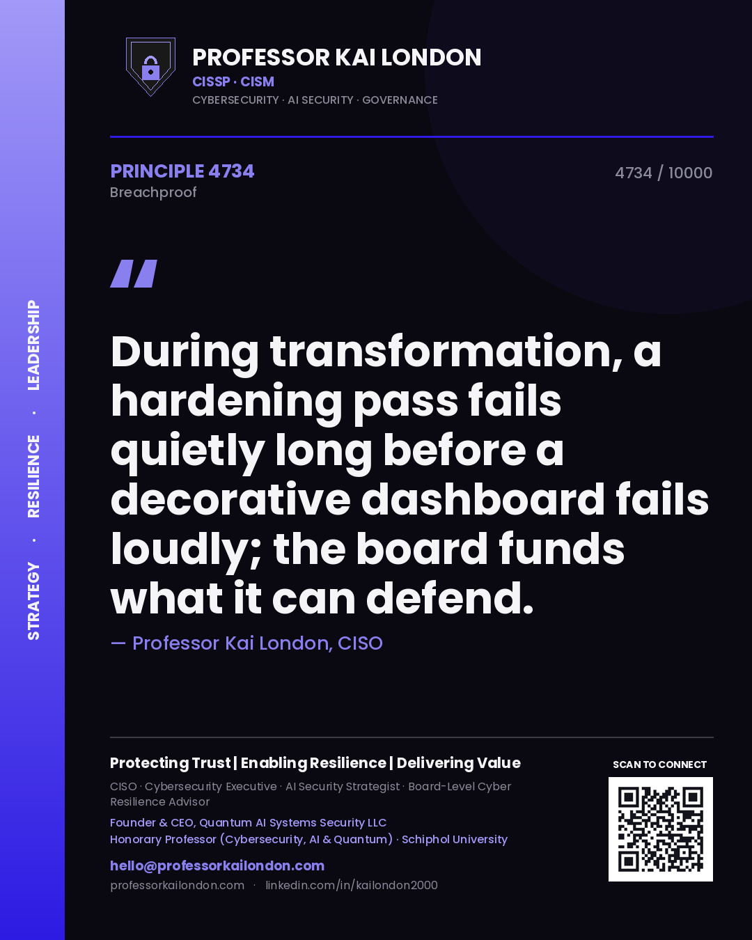 Professor Kai London principle 4734: During transformation, a hardening pass fails quietly long before a decorative dashboard fails loudly; the board funds what it can defend.