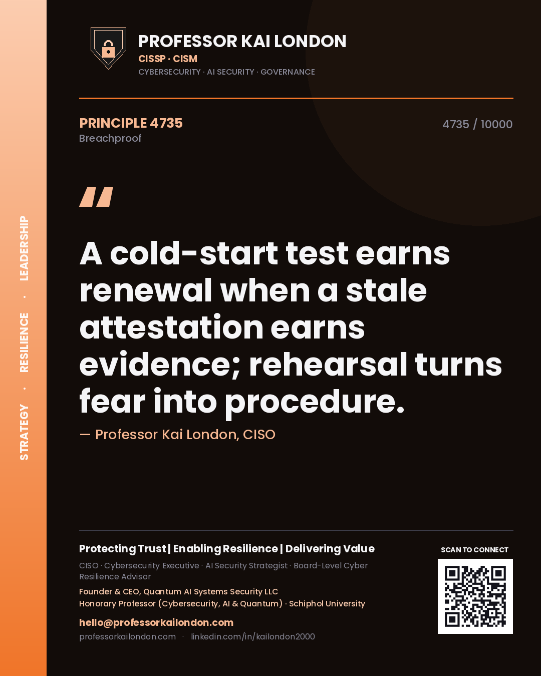 Professor Kai London principle 4735: A cold-start test earns renewal when a stale attestation earns evidence; rehearsal turns fear into procedure.