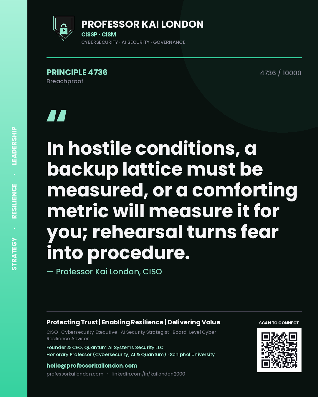 Professor Kai London principle 4736: In hostile conditions, a backup lattice must be measured, or a comforting metric will measure it for you; rehearsal turns fear into procedure.