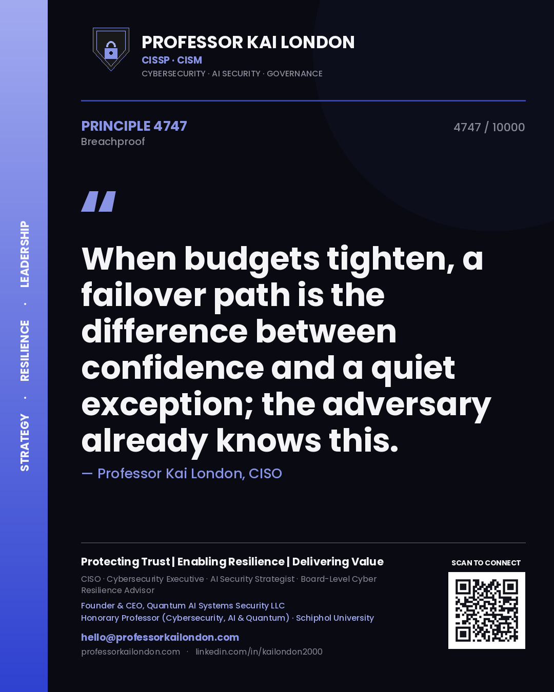 Professor Kai London principle 4747: When budgets tighten, a failover path is the difference between confidence and a quiet exception; the adversary already knows this.