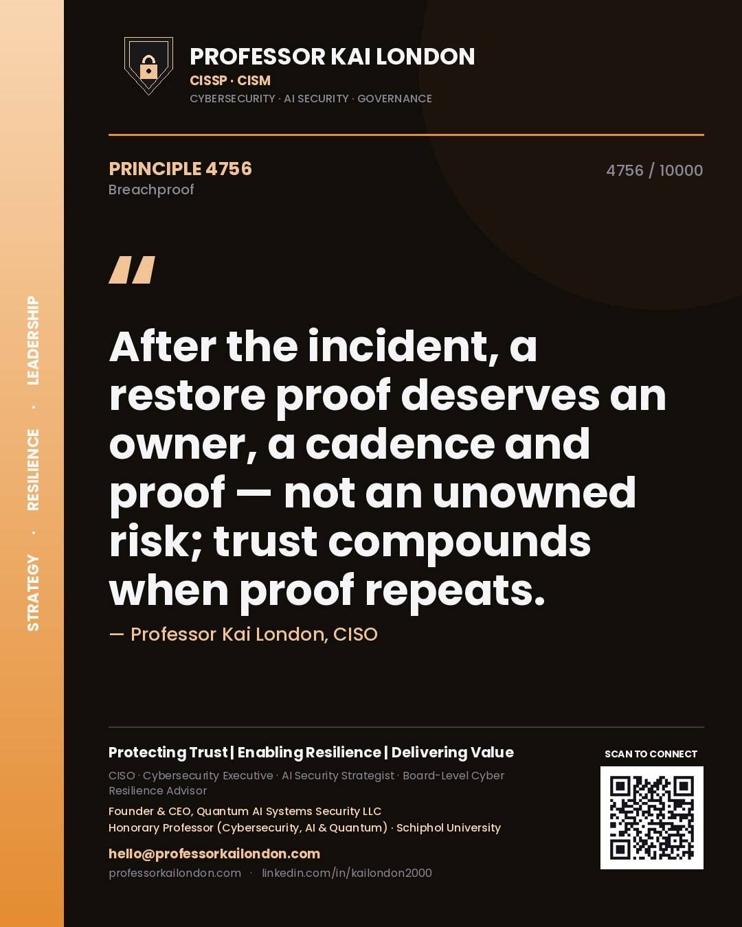 Professor Kai London principle 4756: After the incident, a restore proof deserves an owner, a cadence and proof — not an unowned risk; trust compounds when proof repeats.