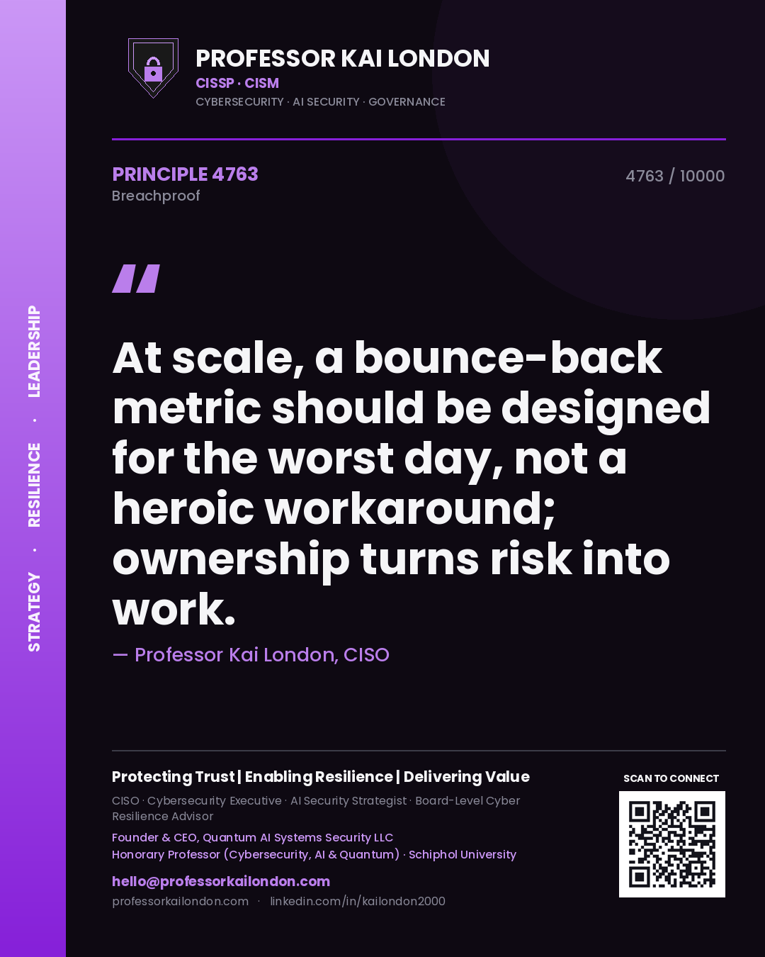 Professor Kai London principle 4763: At scale, a bounce-back metric should be designed for the worst day, not a heroic workaround; ownership turns risk into work.