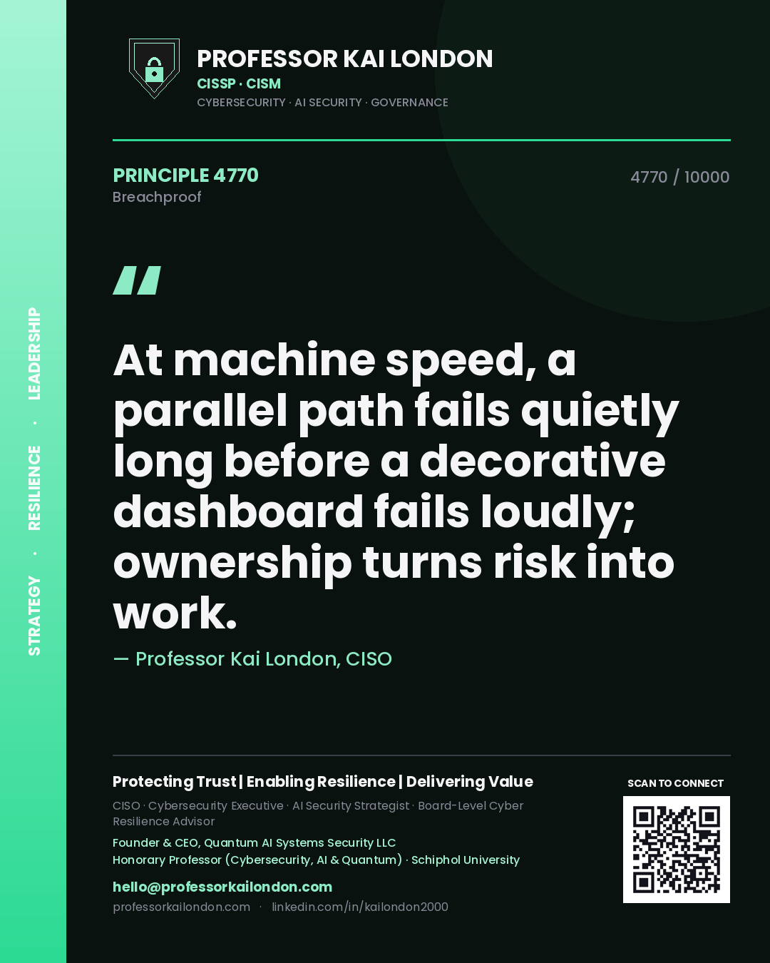 Professor Kai London principle 4770: At machine speed, a parallel path fails quietly long before a decorative dashboard fails loudly; ownership turns risk into work.