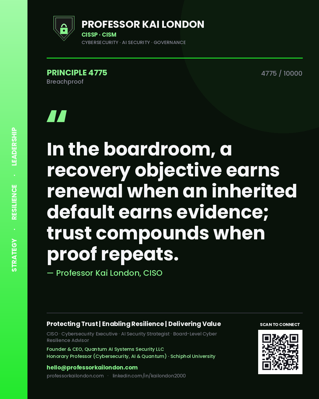Professor Kai London principle 4775: In the boardroom, a recovery objective earns renewal when an inherited default earns evidence; trust compounds when proof repeats.