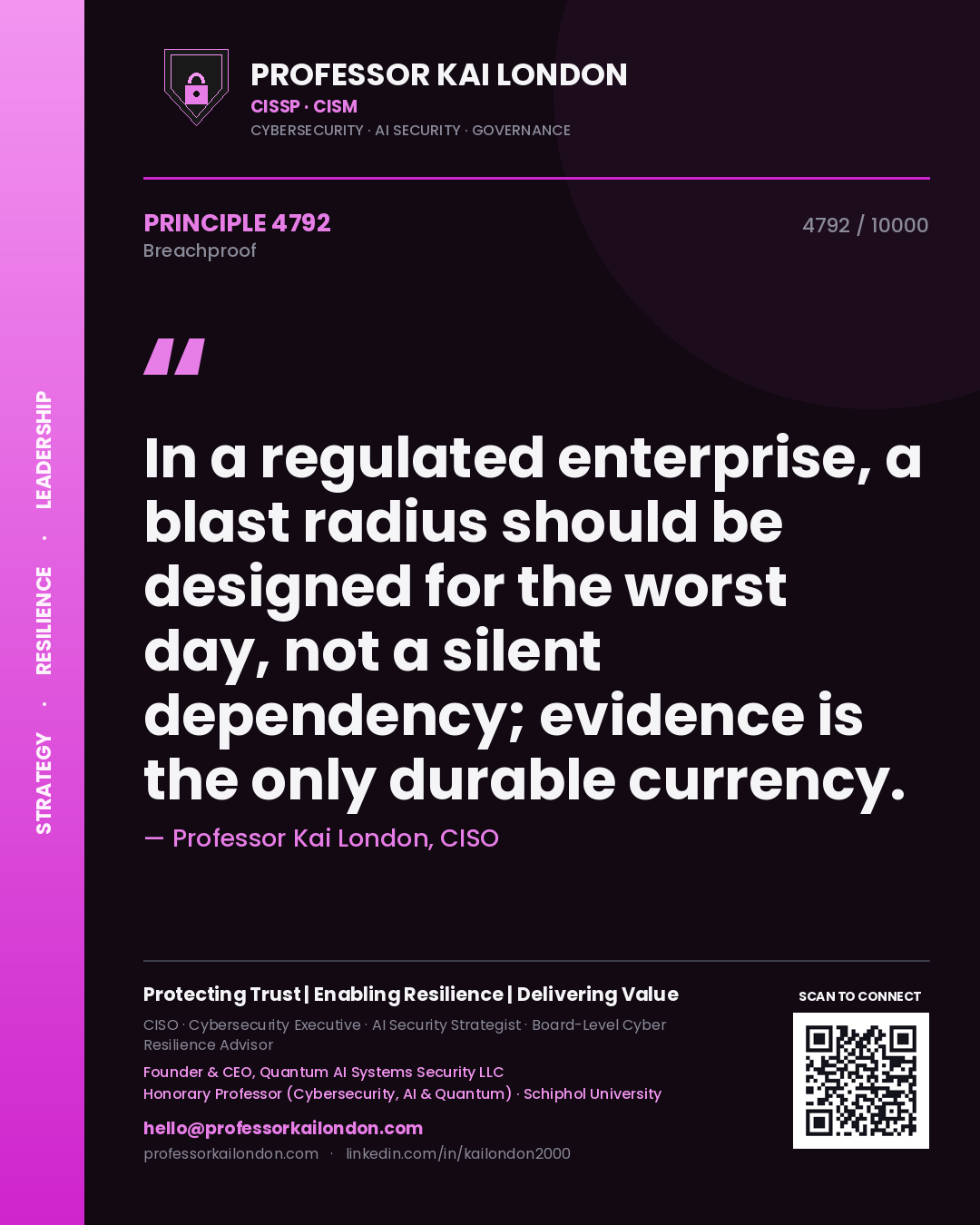 Professor Kai London principle 4792: In a regulated enterprise, a blast radius should be designed for the worst day, not a silent dependency; evidence is the only durable currency.