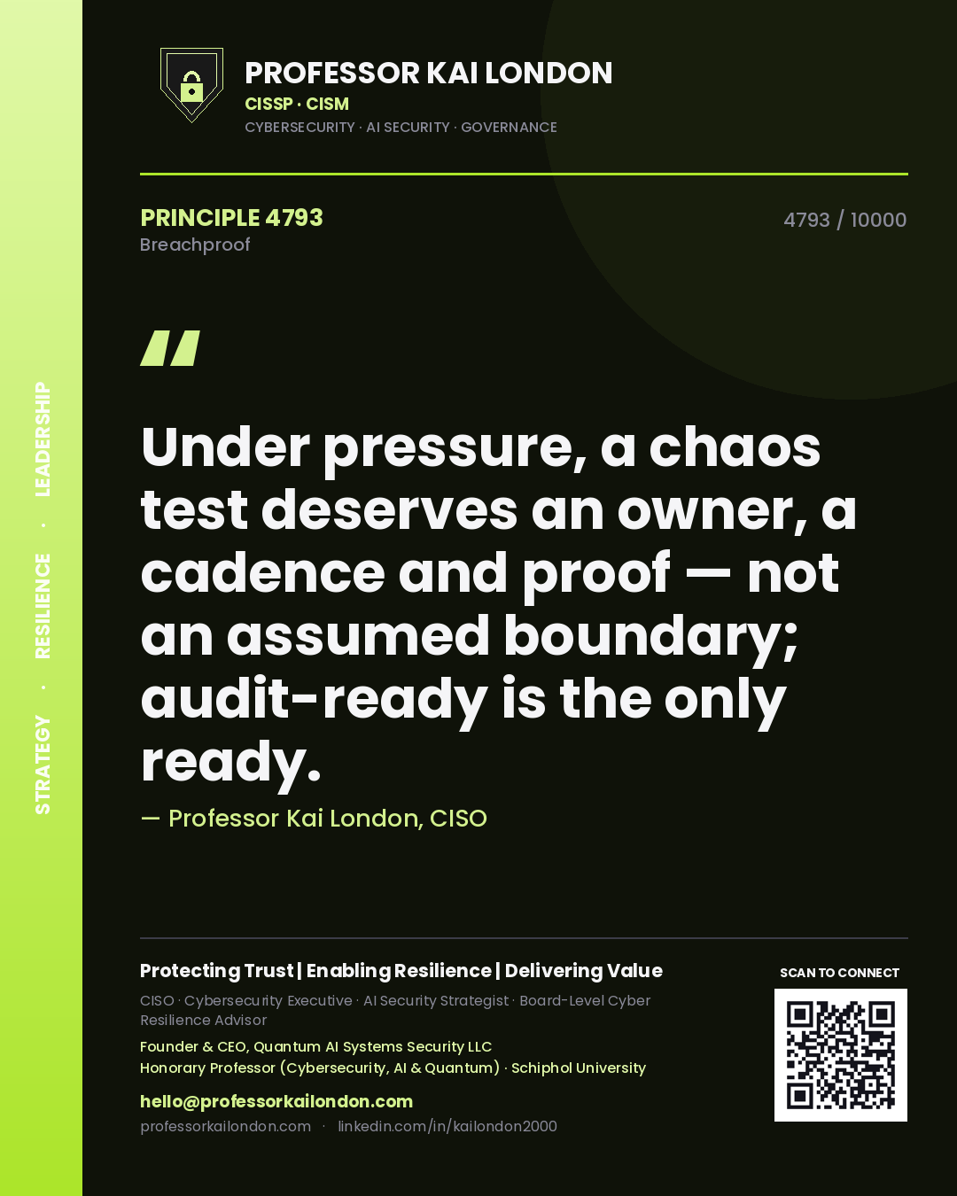 Professor Kai London principle 4793: Under pressure, a chaos test deserves an owner, a cadence and proof — not an assumed boundary; audit-ready is the only ready.