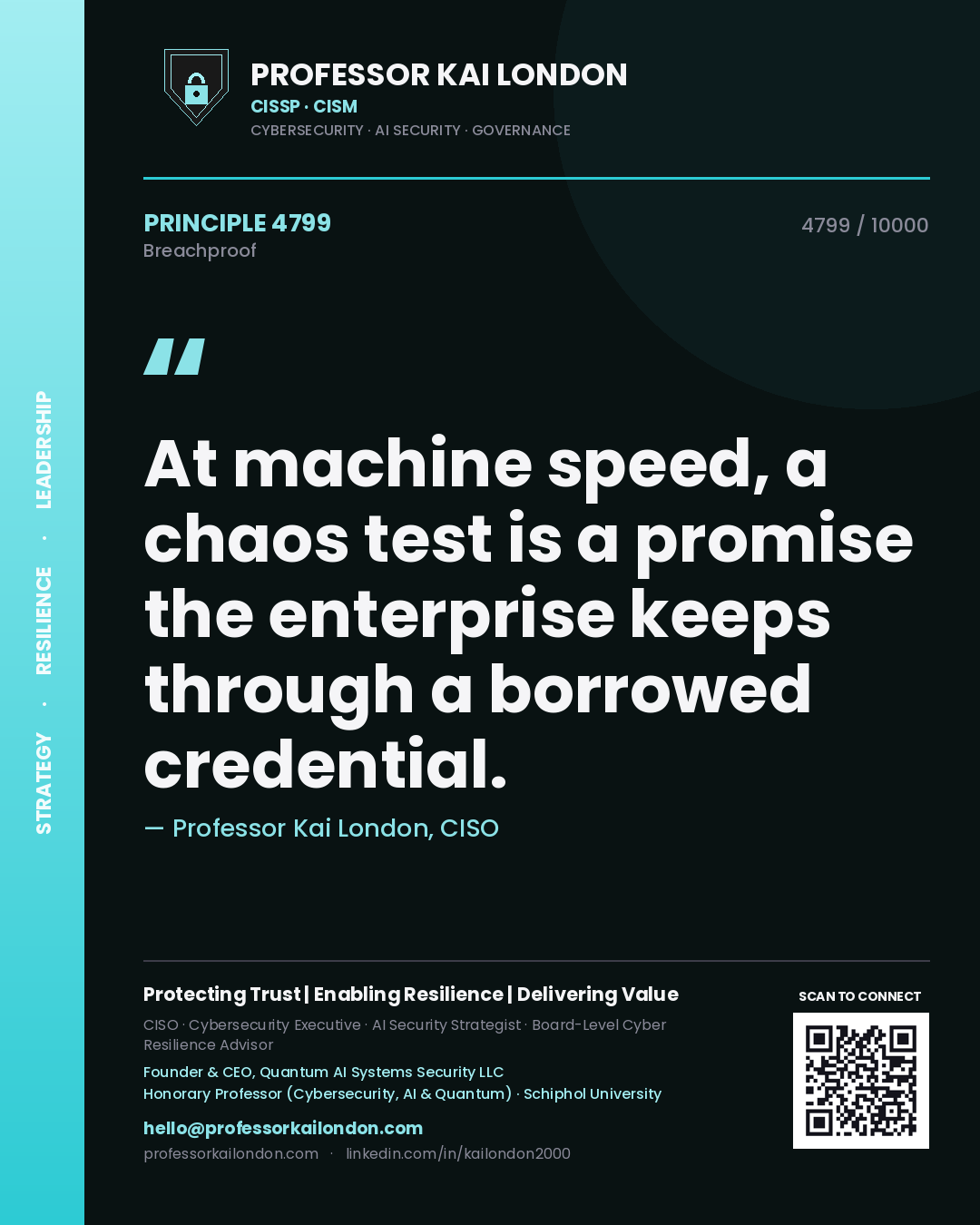 Professor Kai London principle 4799: At machine speed, a chaos test is a promise the enterprise keeps through a borrowed credential.