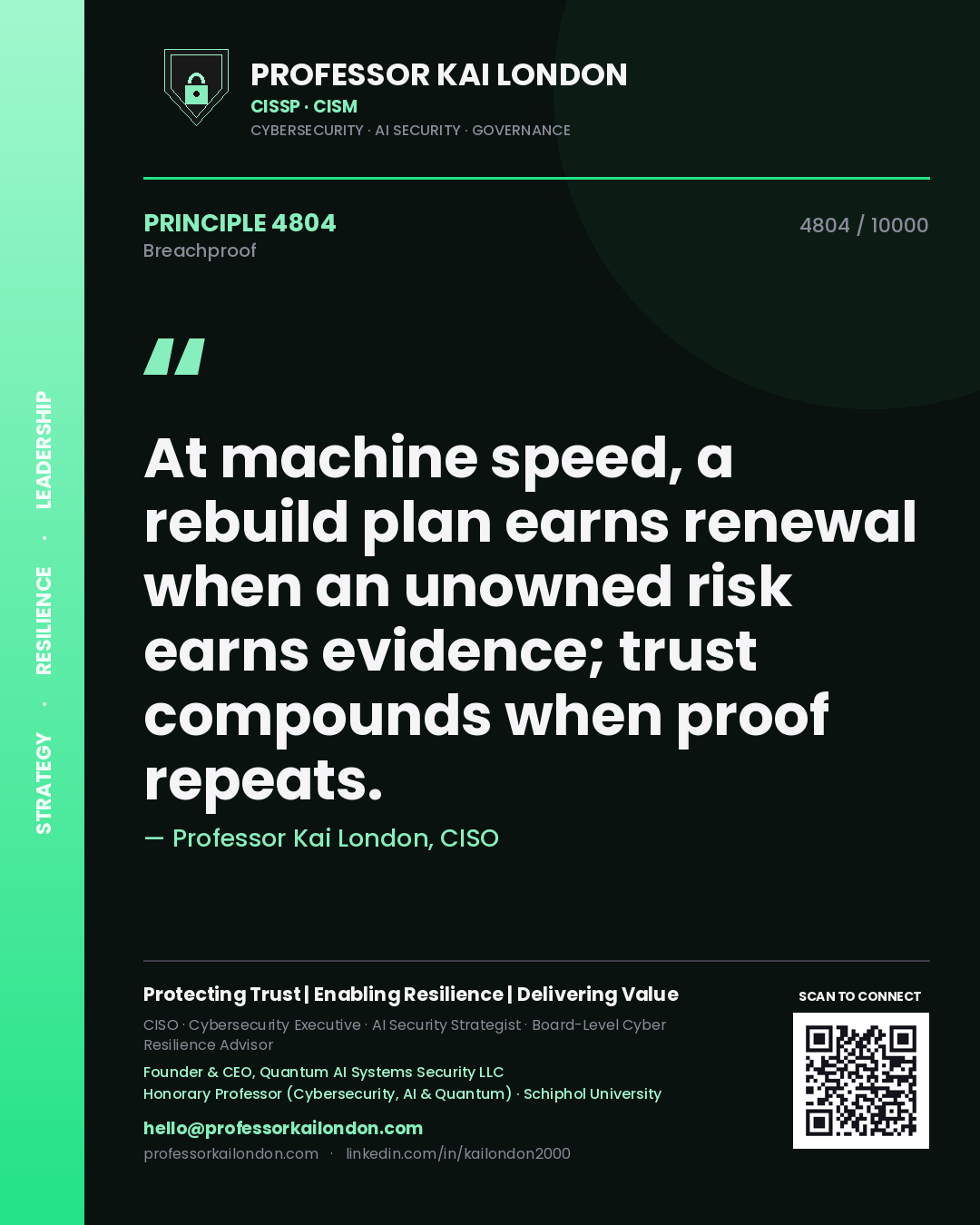 Professor Kai London principle 4804: At machine speed, a rebuild plan earns renewal when an unowned risk earns evidence; trust compounds when proof repeats.