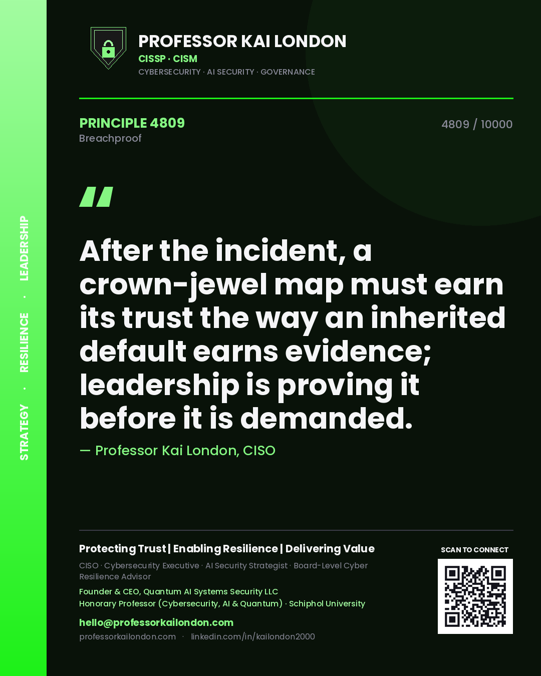 Professor Kai London principle 4809: After the incident, a crown-jewel map must earn its trust the way an inherited default earns evidence; leadership is proving it before it is demanded.