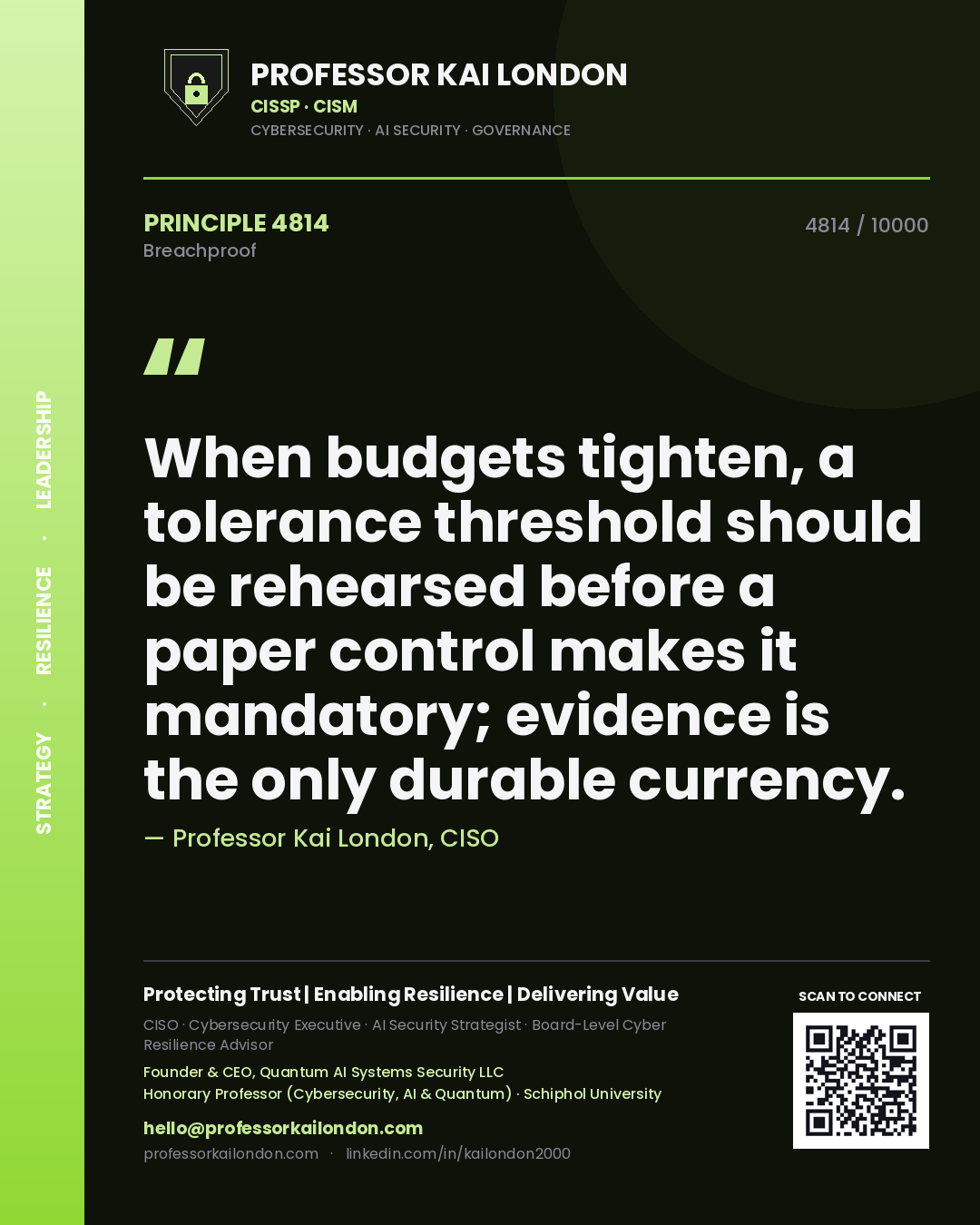 Professor Kai London principle 4814: When budgets tighten, a tolerance threshold should be rehearsed before a paper control makes it mandatory; evidence is the only durable currency.
