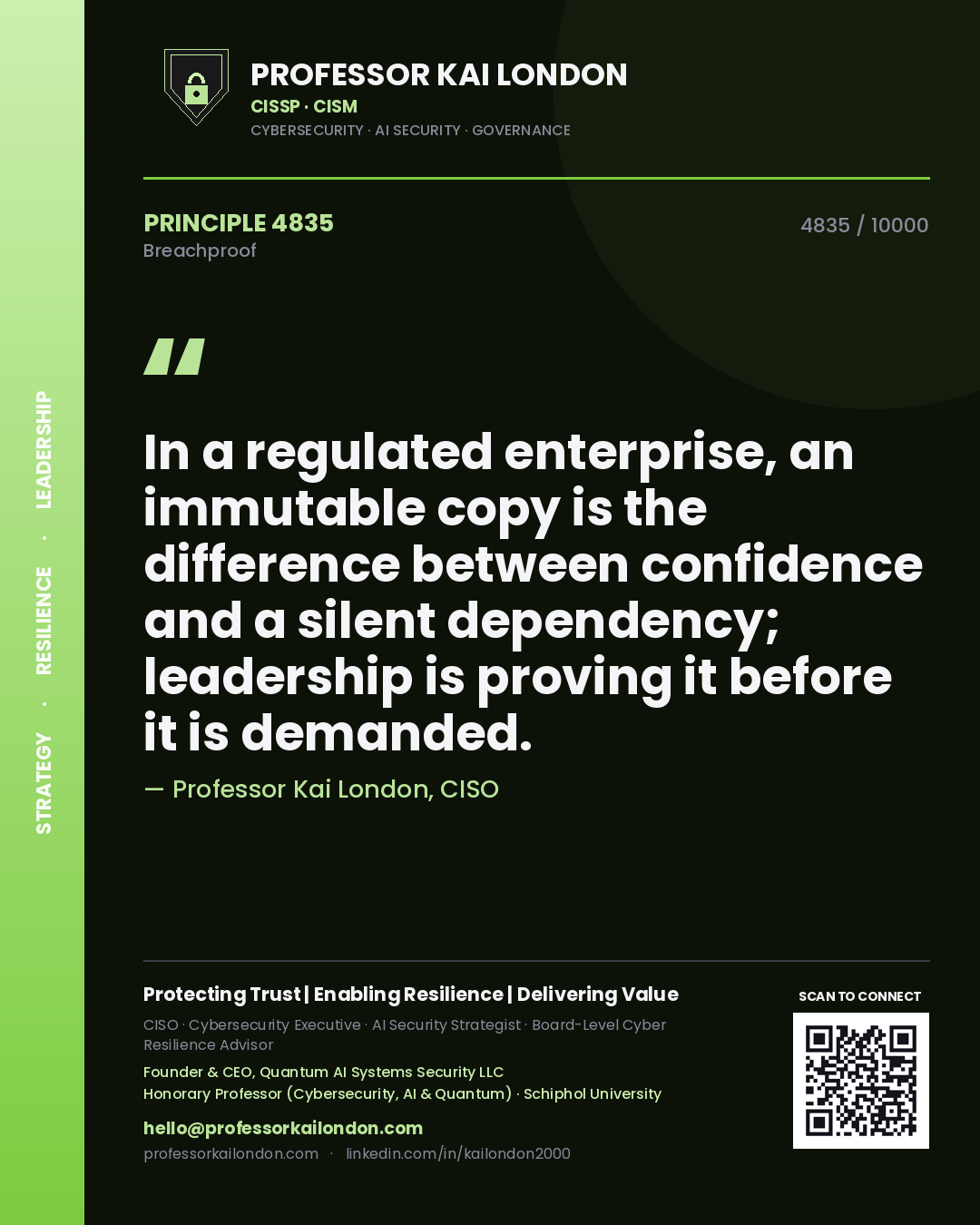Professor Kai London principle 4835: In a regulated enterprise, an immutable copy is the difference between confidence and a silent dependency; leadership is proving it before it is demanded.