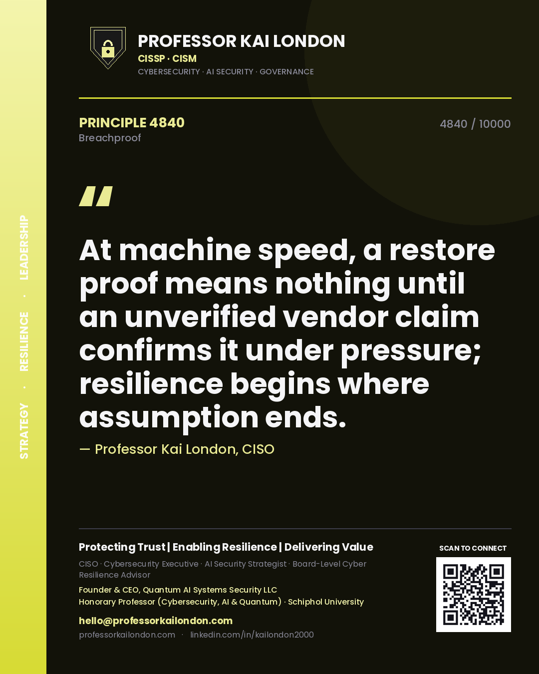 Professor Kai London principle 4840: At machine speed, a restore proof means nothing until an unverified vendor claim confirms it under pressure; resilience begins where assumption ends.
