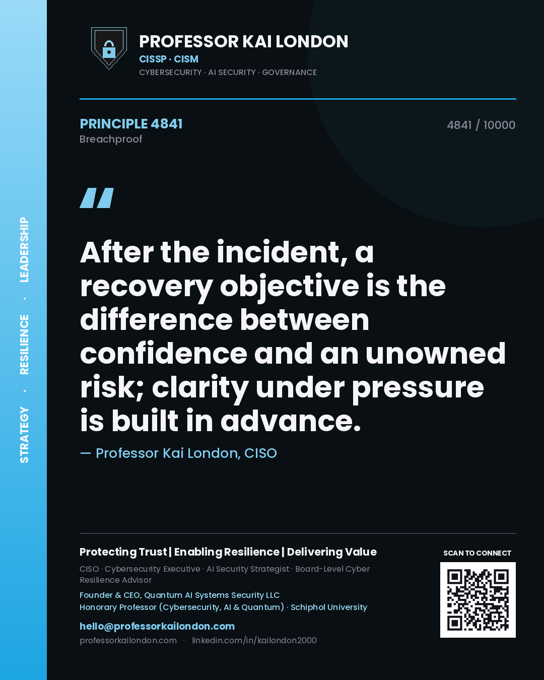Professor Kai London principle 4841: After the incident, a recovery objective is the difference between confidence and an unowned risk; clarity under pressure is built in advance.