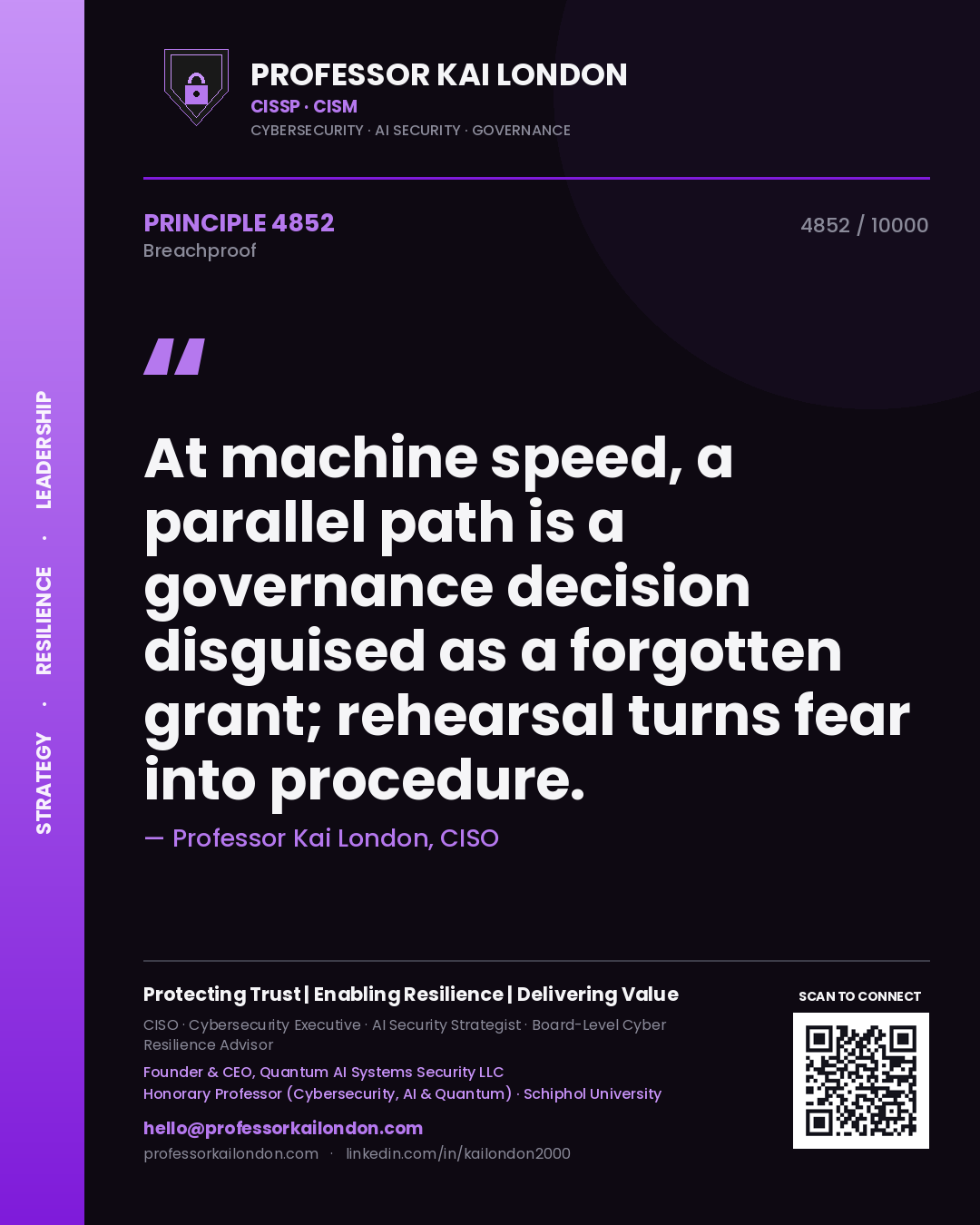 Professor Kai London principle 4852: At machine speed, a parallel path is a governance decision disguised as a forgotten grant; rehearsal turns fear into procedure.