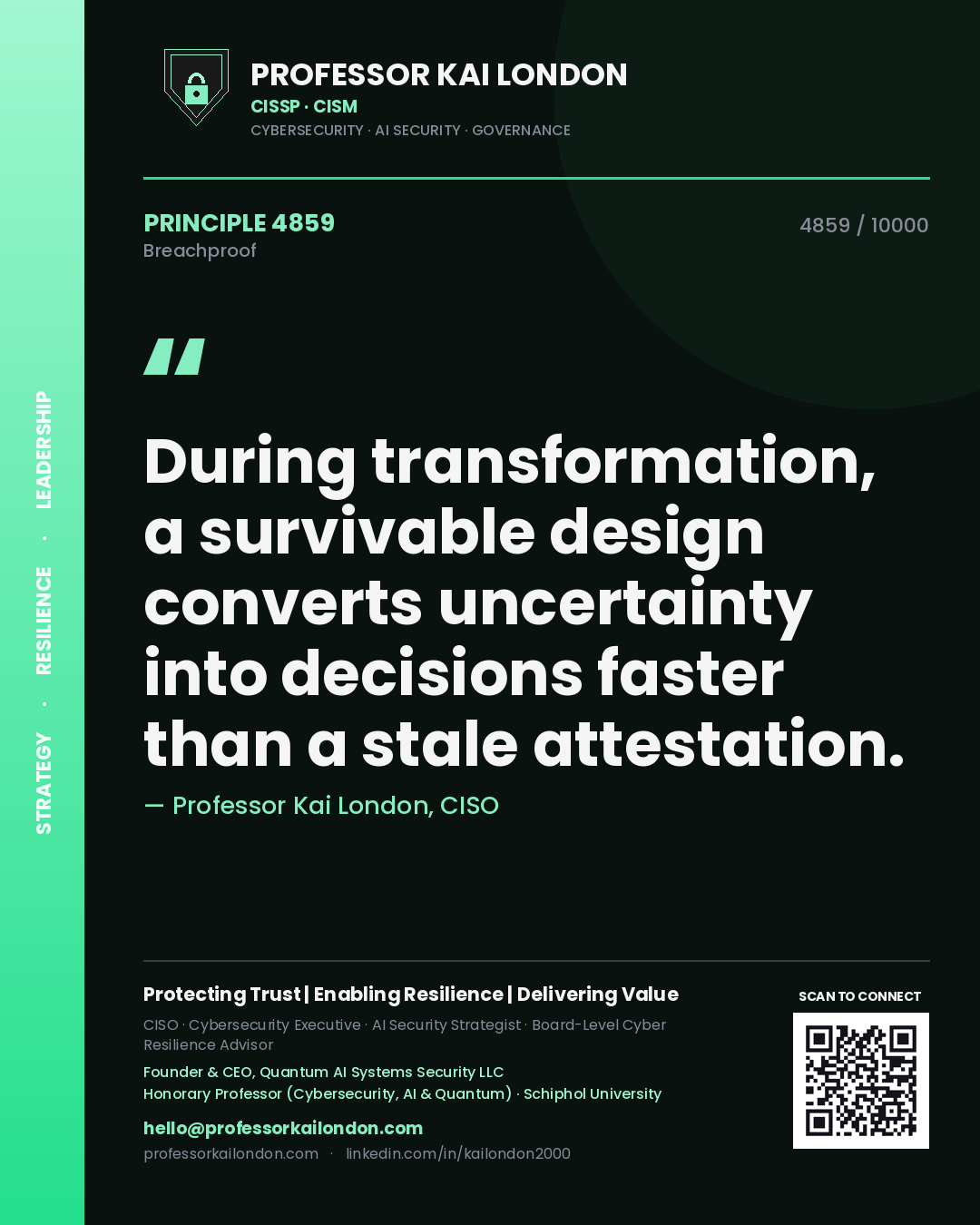 Professor Kai London principle 4859: During transformation, a survivable design converts uncertainty into decisions faster than a stale attestation.