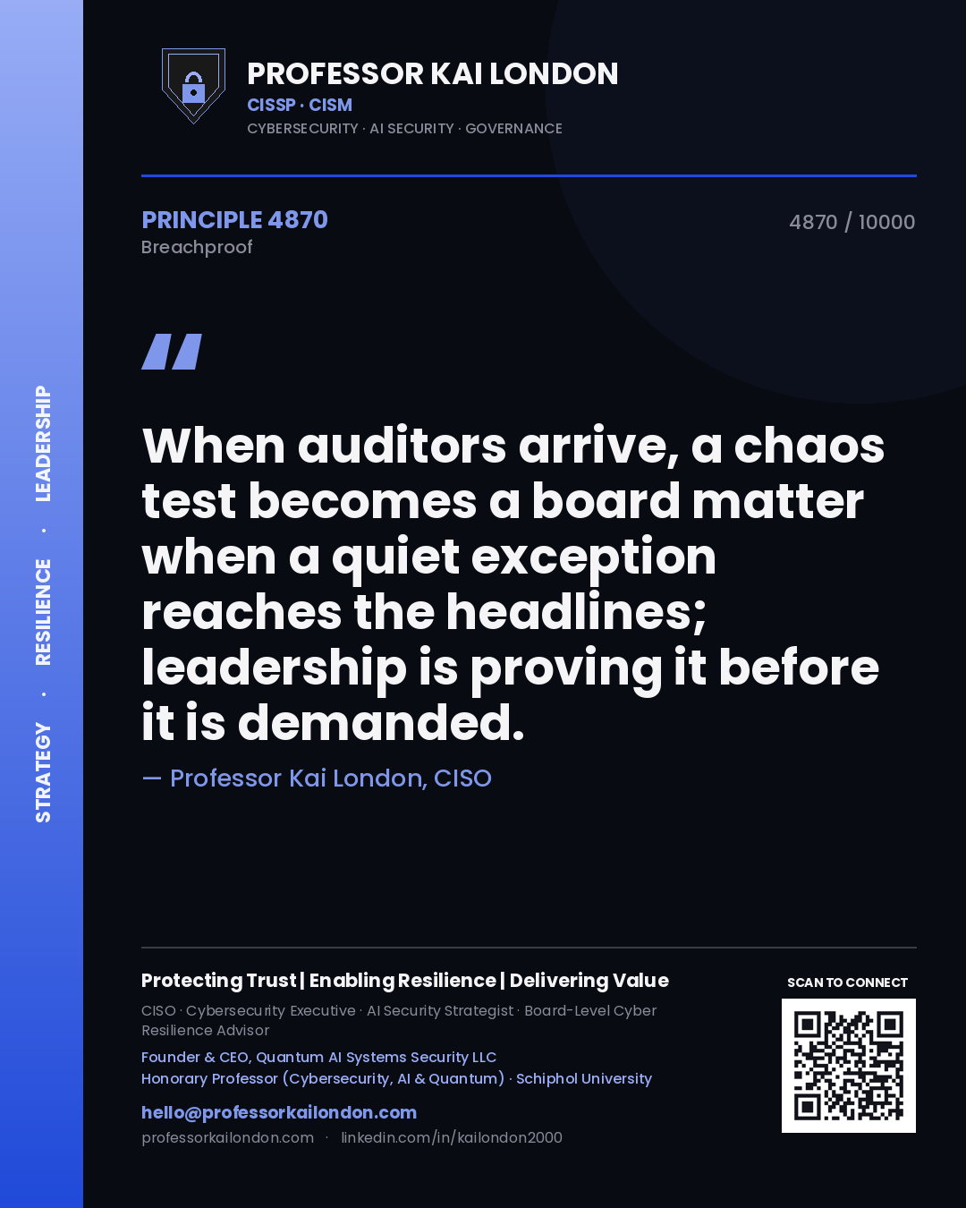 Professor Kai London principle 4870: When auditors arrive, a chaos test becomes a board matter when a quiet exception reaches the headlines; leadership is proving it before it is demanded.