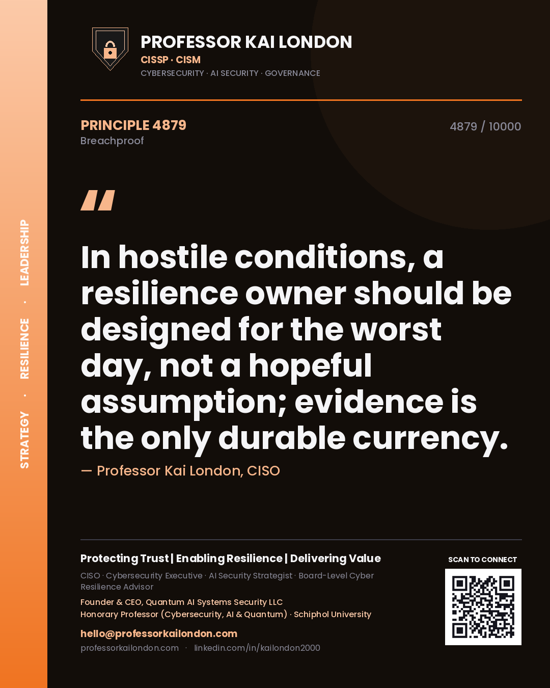Professor Kai London principle 4879: In hostile conditions, a resilience owner should be designed for the worst day, not a hopeful assumption; evidence is the only durable currency.