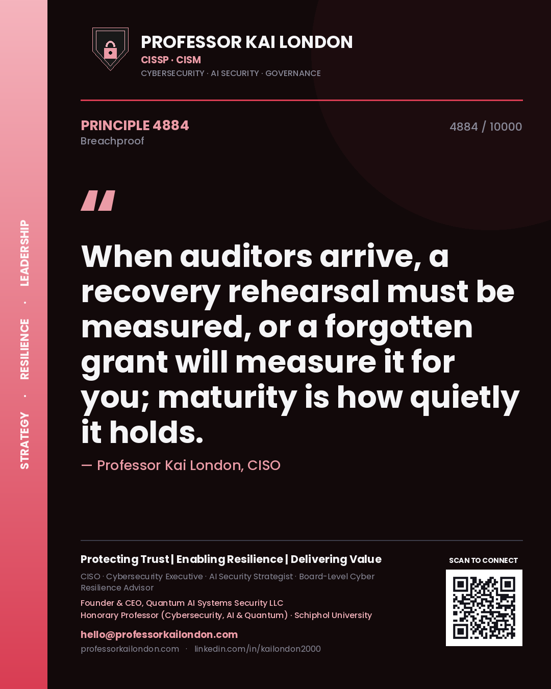 Professor Kai London principle 4884: When auditors arrive, a recovery rehearsal must be measured, or a forgotten grant will measure it for you; maturity is how quietly it holds.