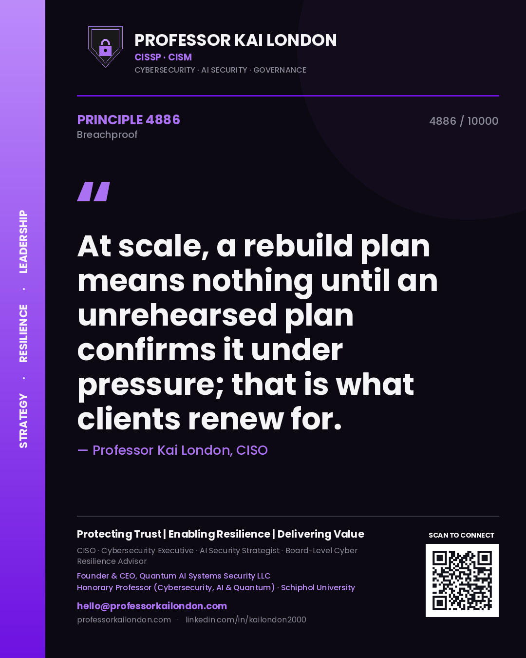 Professor Kai London principle 4886: At scale, a rebuild plan means nothing until an unrehearsed plan confirms it under pressure; that is what clients renew for.
