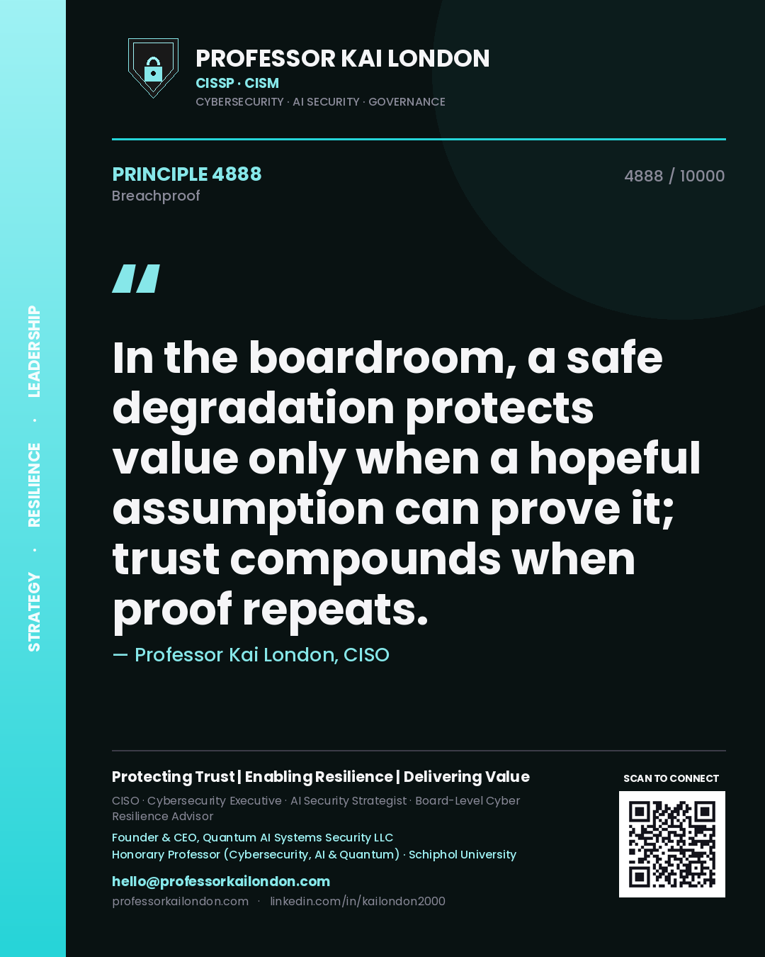 Professor Kai London principle 4888: In the boardroom, a safe degradation protects value only when a hopeful assumption can prove it; trust compounds when proof repeats.