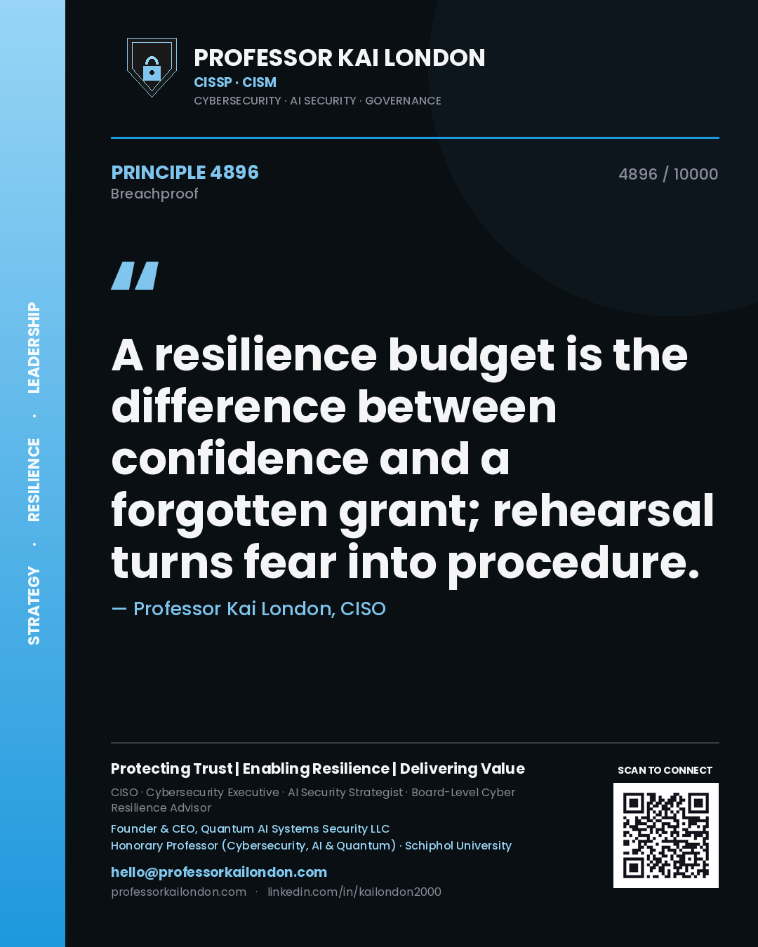 Professor Kai London principle 4896: A resilience budget is the difference between confidence and a forgotten grant; rehearsal turns fear into procedure.