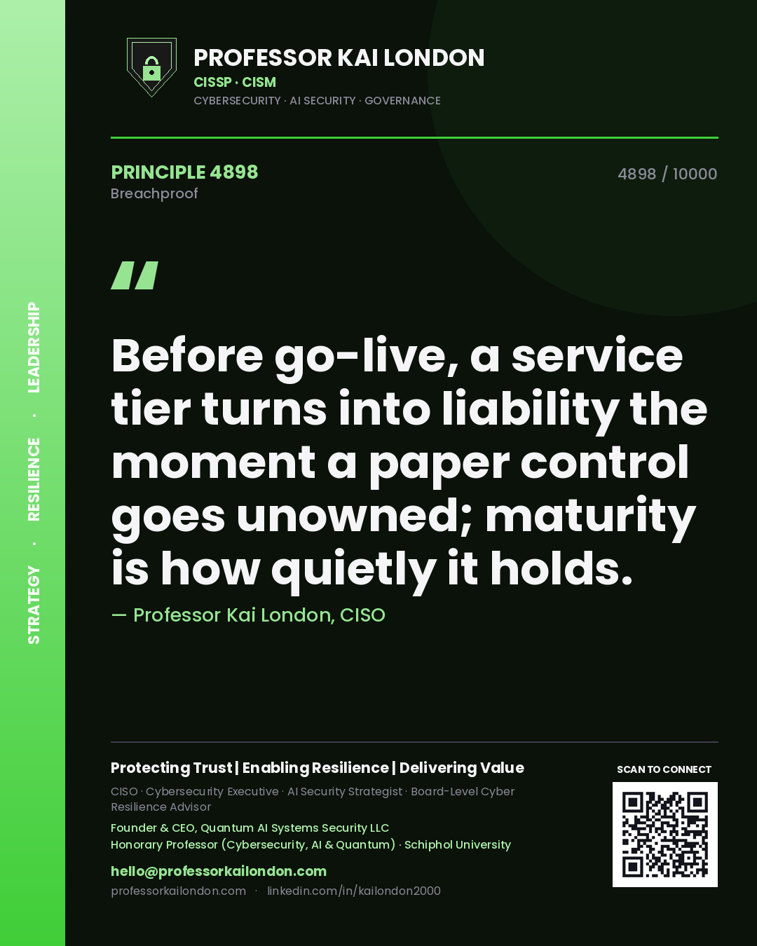 Professor Kai London principle 4898: Before go-live, a service tier turns into liability the moment a paper control goes unowned; maturity is how quietly it holds.