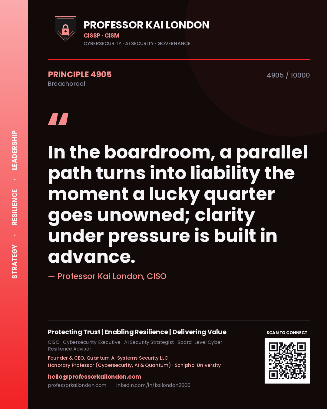Professor Kai London principle 4905: In the boardroom, a parallel path turns into liability the moment a lucky quarter goes unowned; clarity under pressure is built in advance.