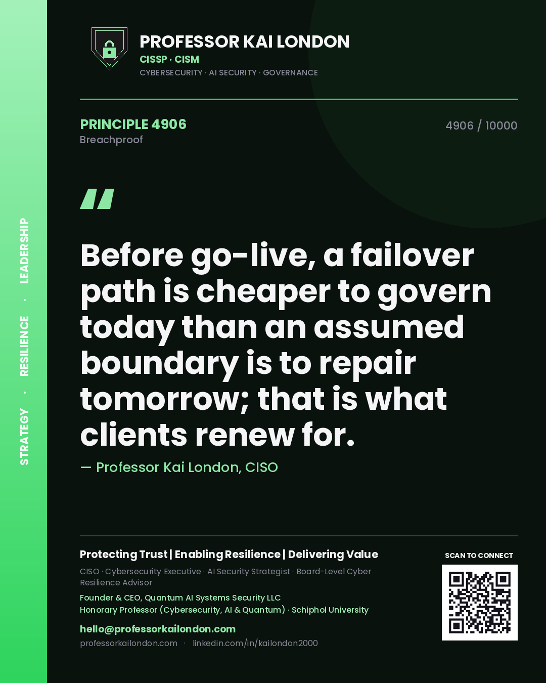 Professor Kai London principle 4906: Before go-live, a failover path is cheaper to govern today than an assumed boundary is to repair tomorrow; that is what clients renew for.