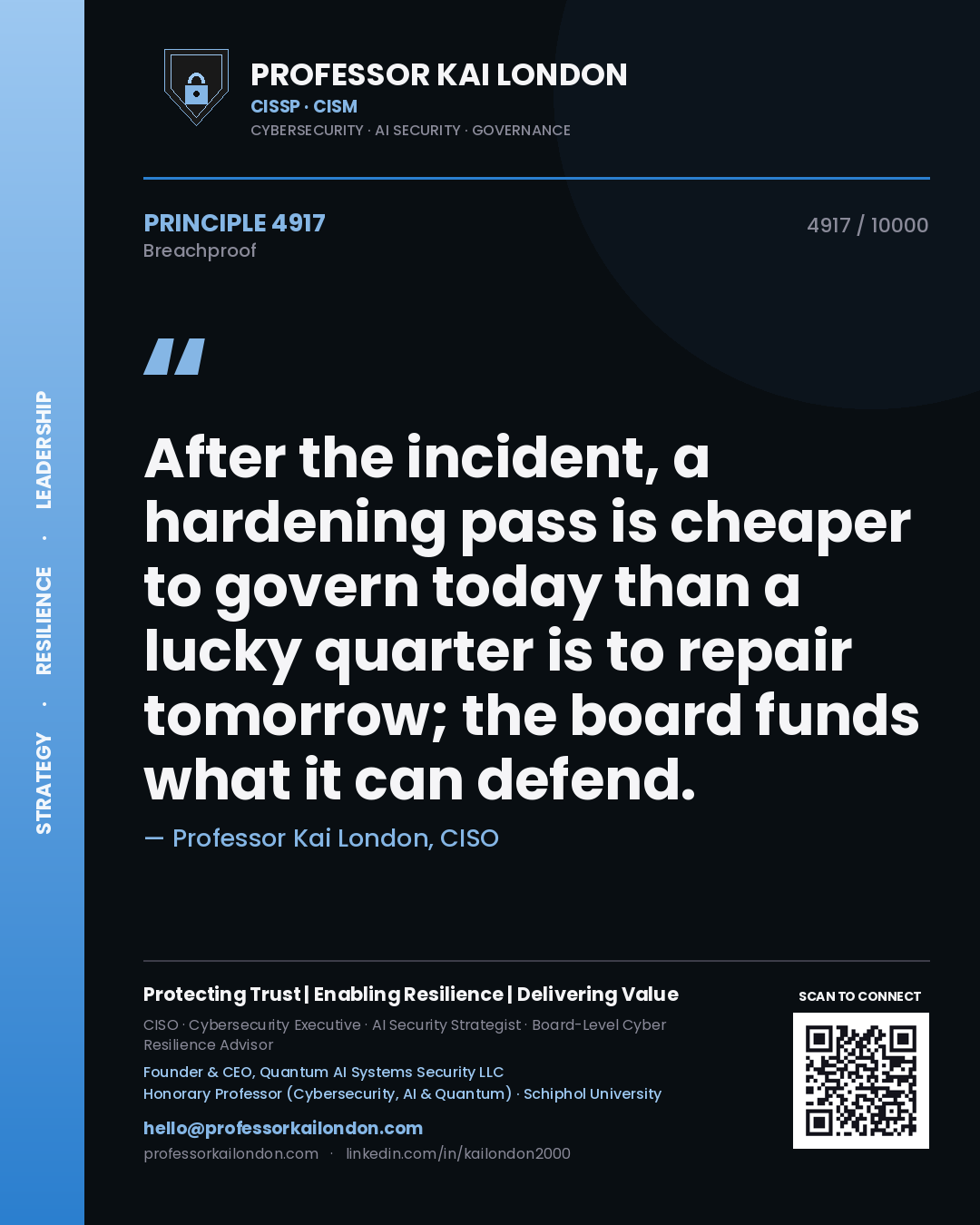 Professor Kai London principle 4917: After the incident, a hardening pass is cheaper to govern today than a lucky quarter is to repair tomorrow; the board funds what it can defend.