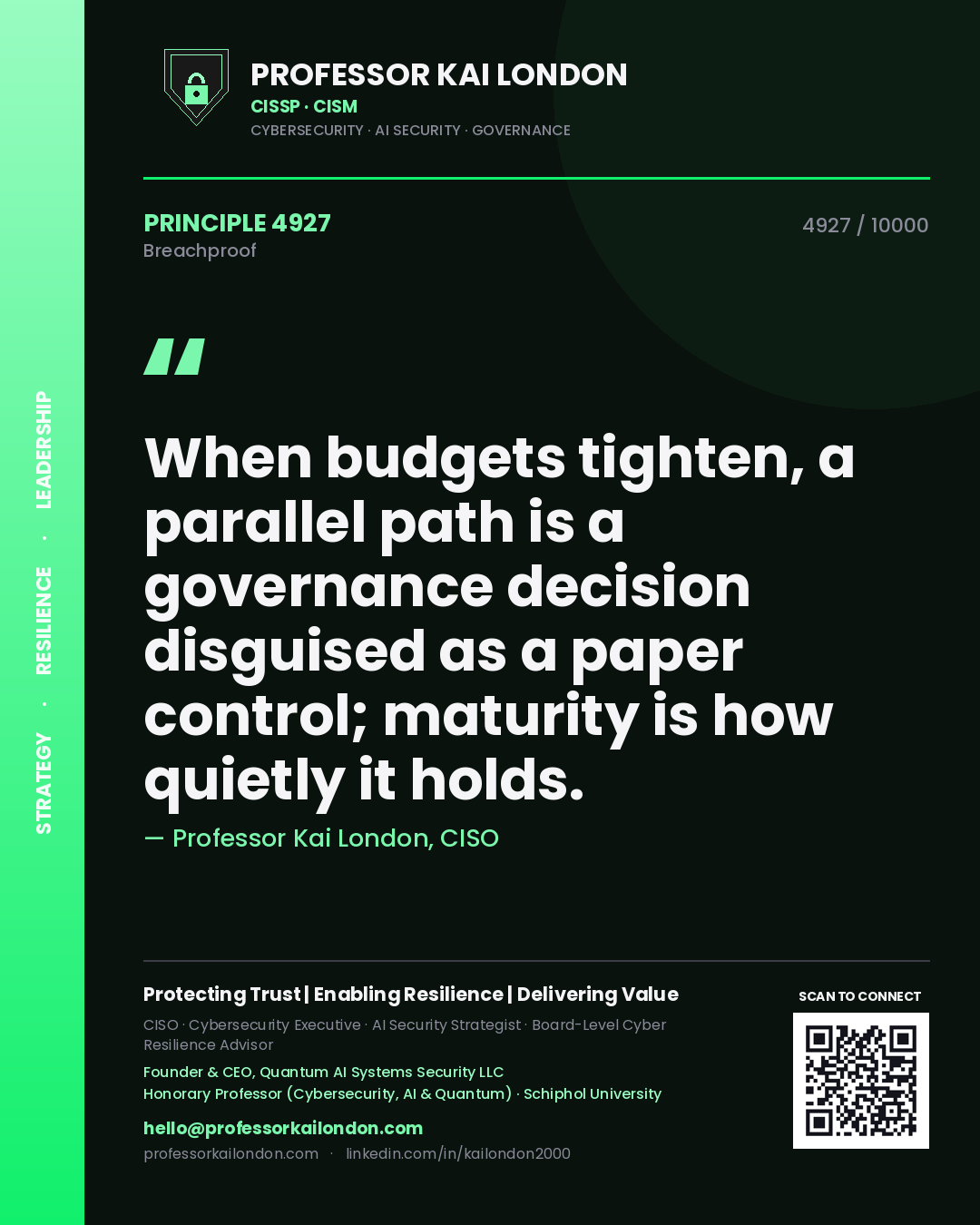 Professor Kai London principle 4927: When budgets tighten, a parallel path is a governance decision disguised as a paper control; maturity is how quietly it holds.