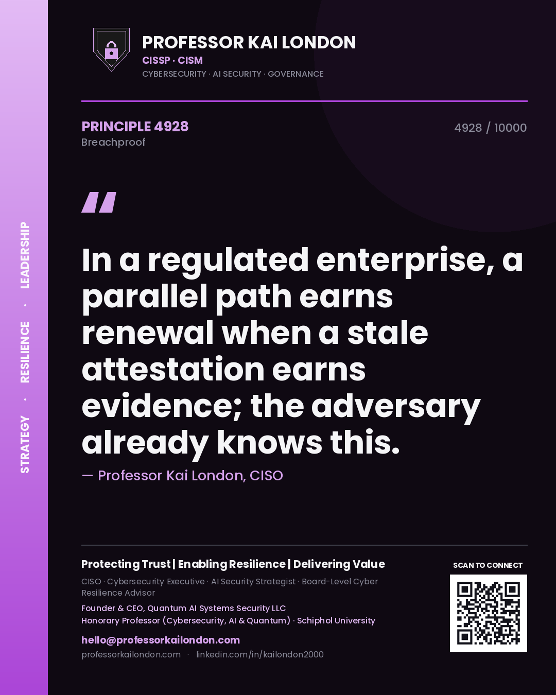 Professor Kai London principle 4928: In a regulated enterprise, a parallel path earns renewal when a stale attestation earns evidence; the adversary already knows this.